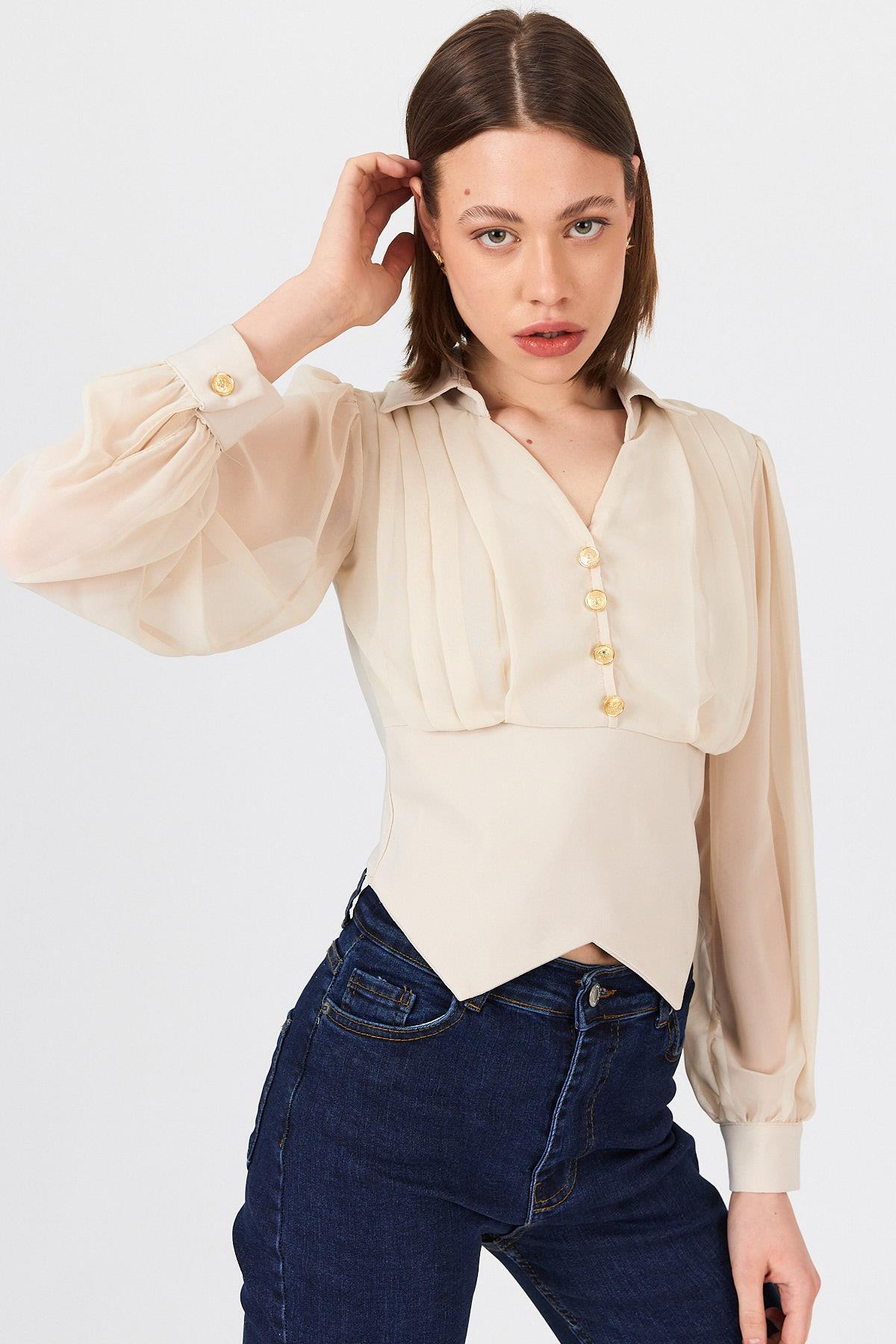 Bej Pileli Gömlek Yaka Düğmeli Bluz 9471 - 8