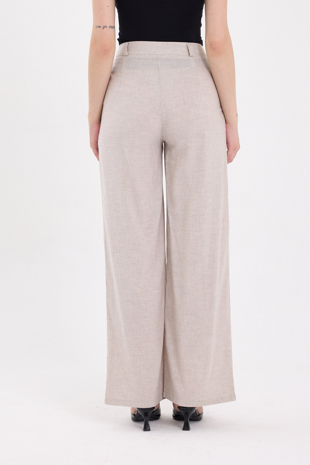 Bej Pileli Palazzo Bol Paça Kadın Pantolon 4755A - 5