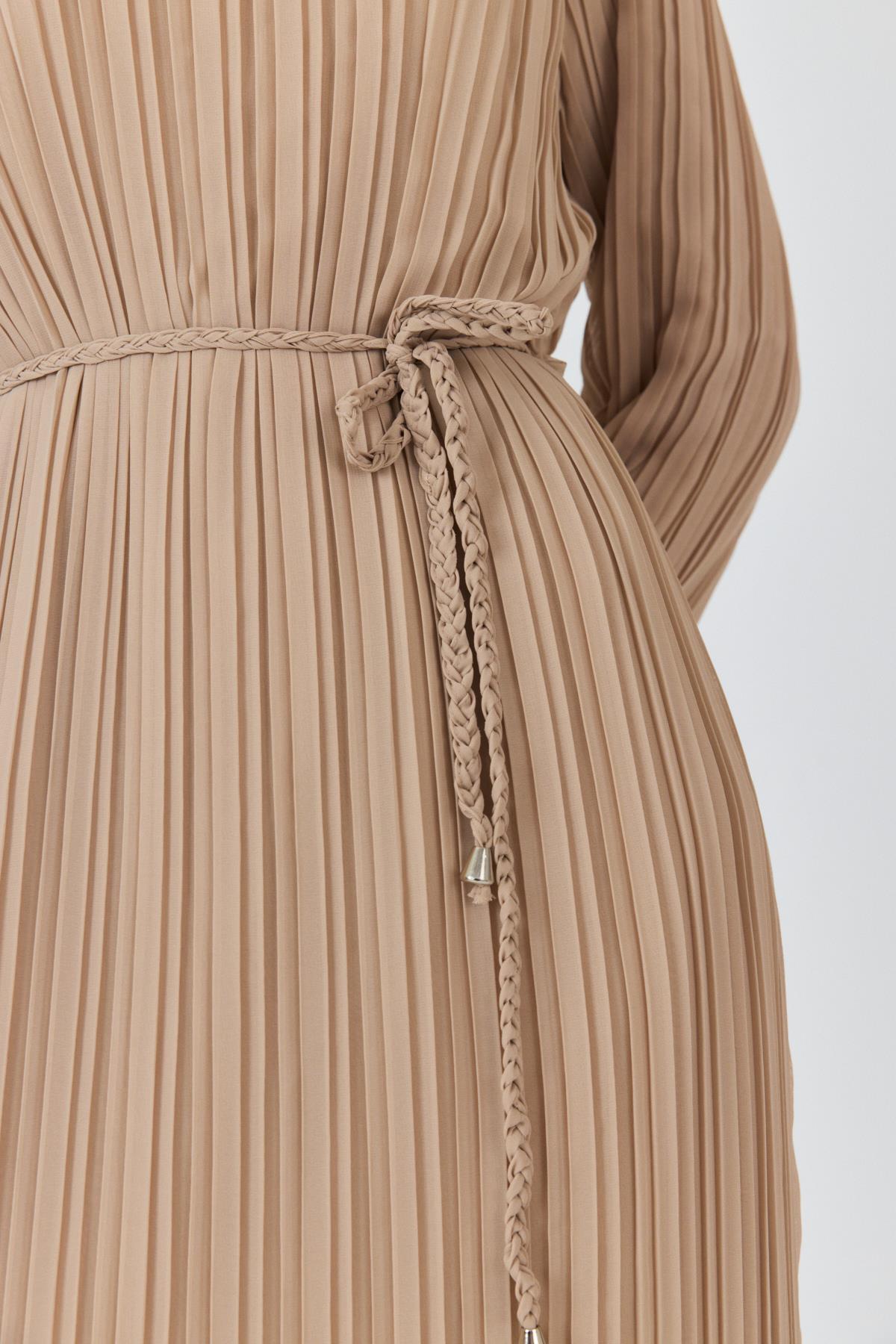 Bej Pileli Uzun Kollu Kemer Detaylı Midi Boy Elbise 020 - 4