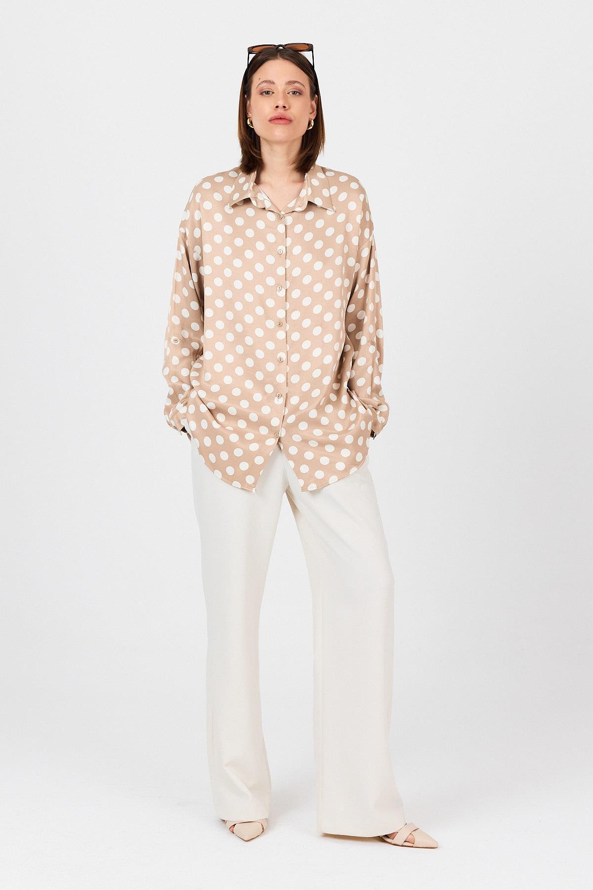 Bej Puantiye Desen Oversize Saten Gömlek 9411 - 3
