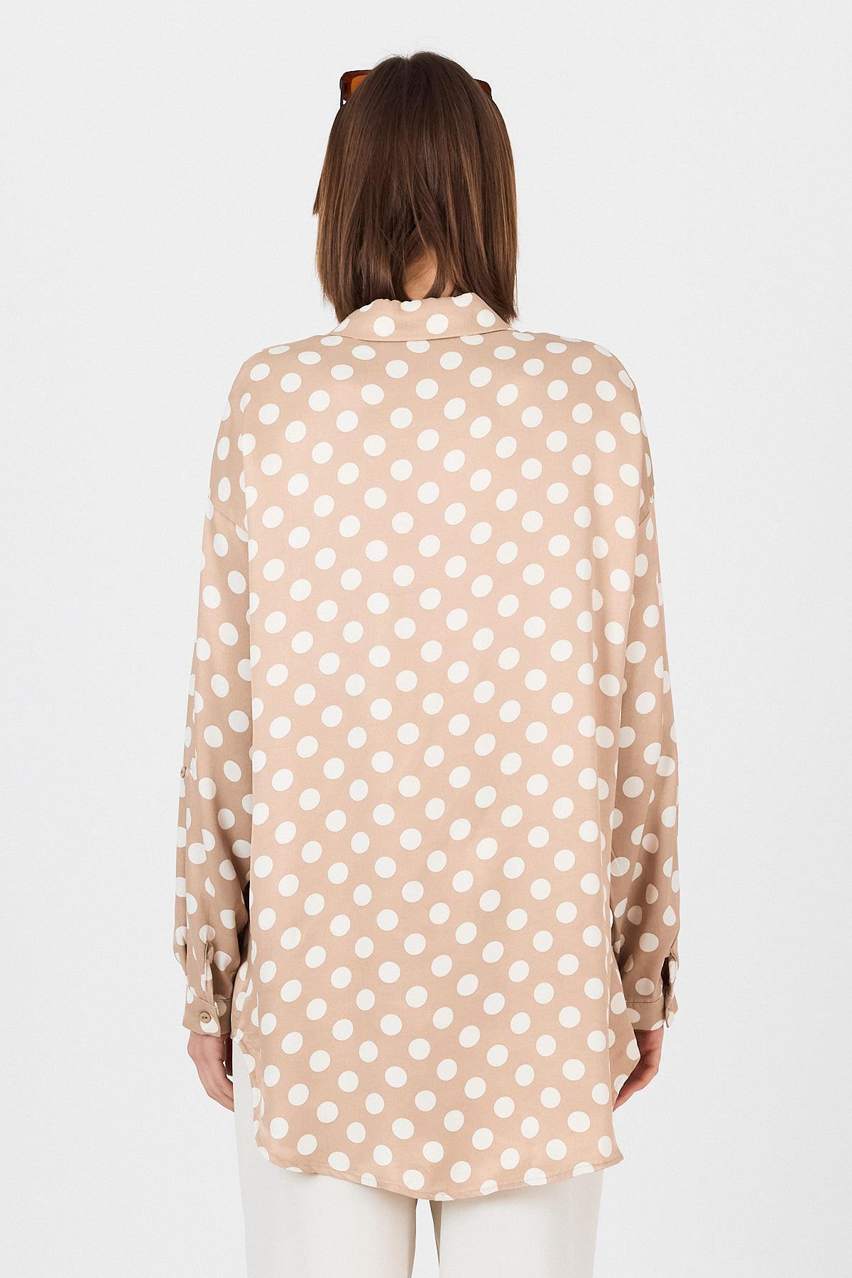 Bej Puantiye Desen Oversize Saten Gömlek 9411 - 5