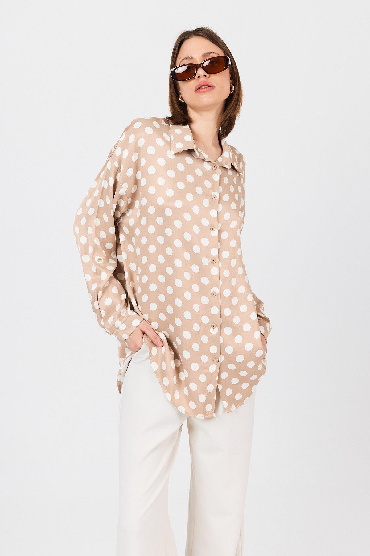 Bej Puantiye Desen Oversize Saten Gömlek 9411 - 6