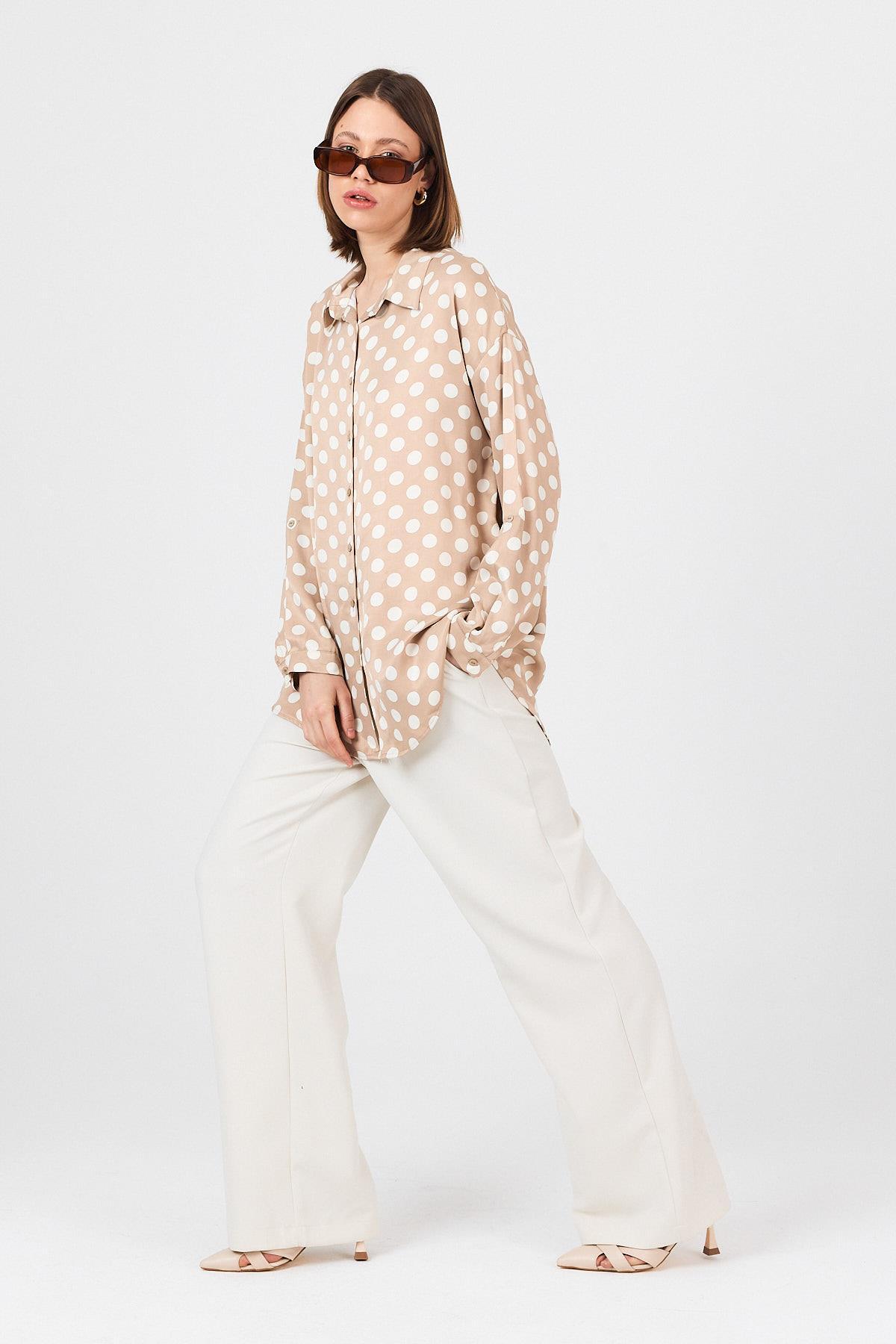 Bej Puantiye Desen Oversize Saten Gömlek 9411 - 7