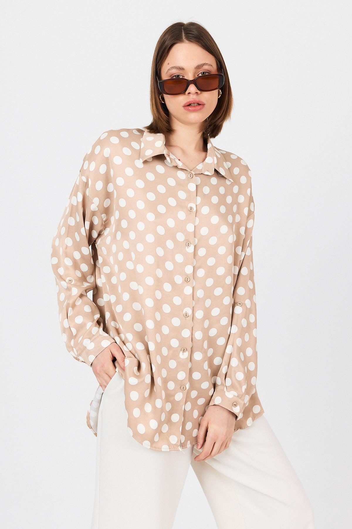 Bej Puantiye Desen Oversize Saten Gömlek 9411 - 2