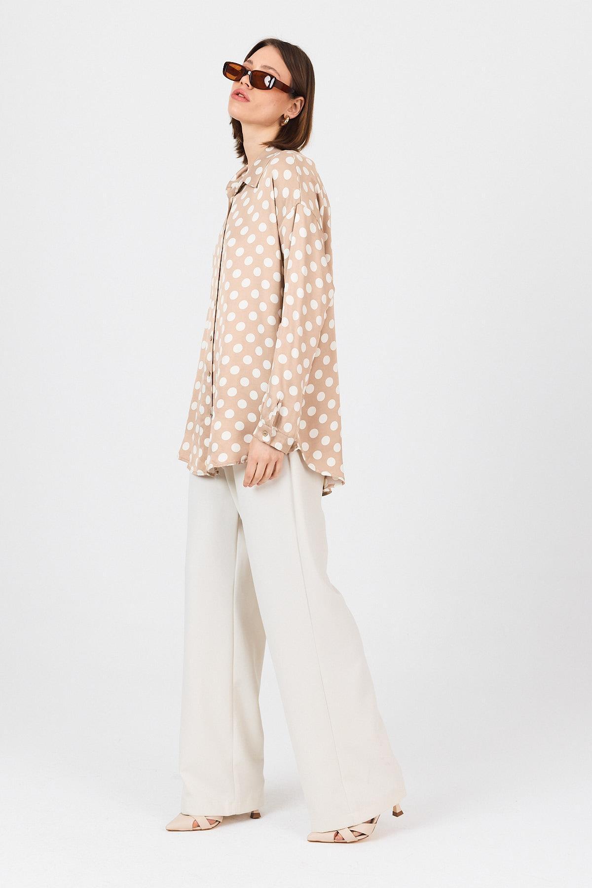 Bej Puantiye Desen Oversize Saten Gömlek 9411 - 8