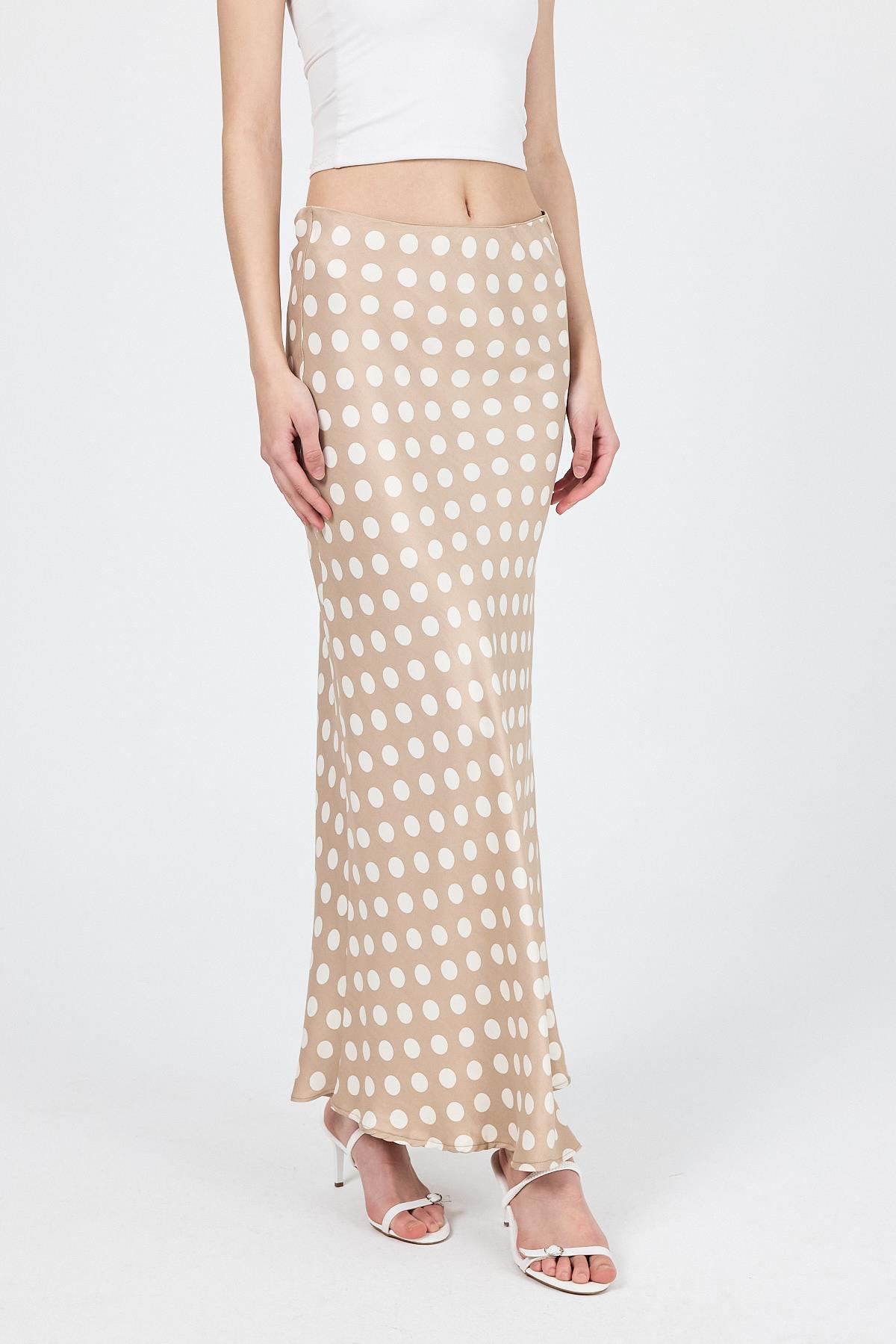 Bej Puantiye Desen Saten Midi Etek 9416 - RAYS
