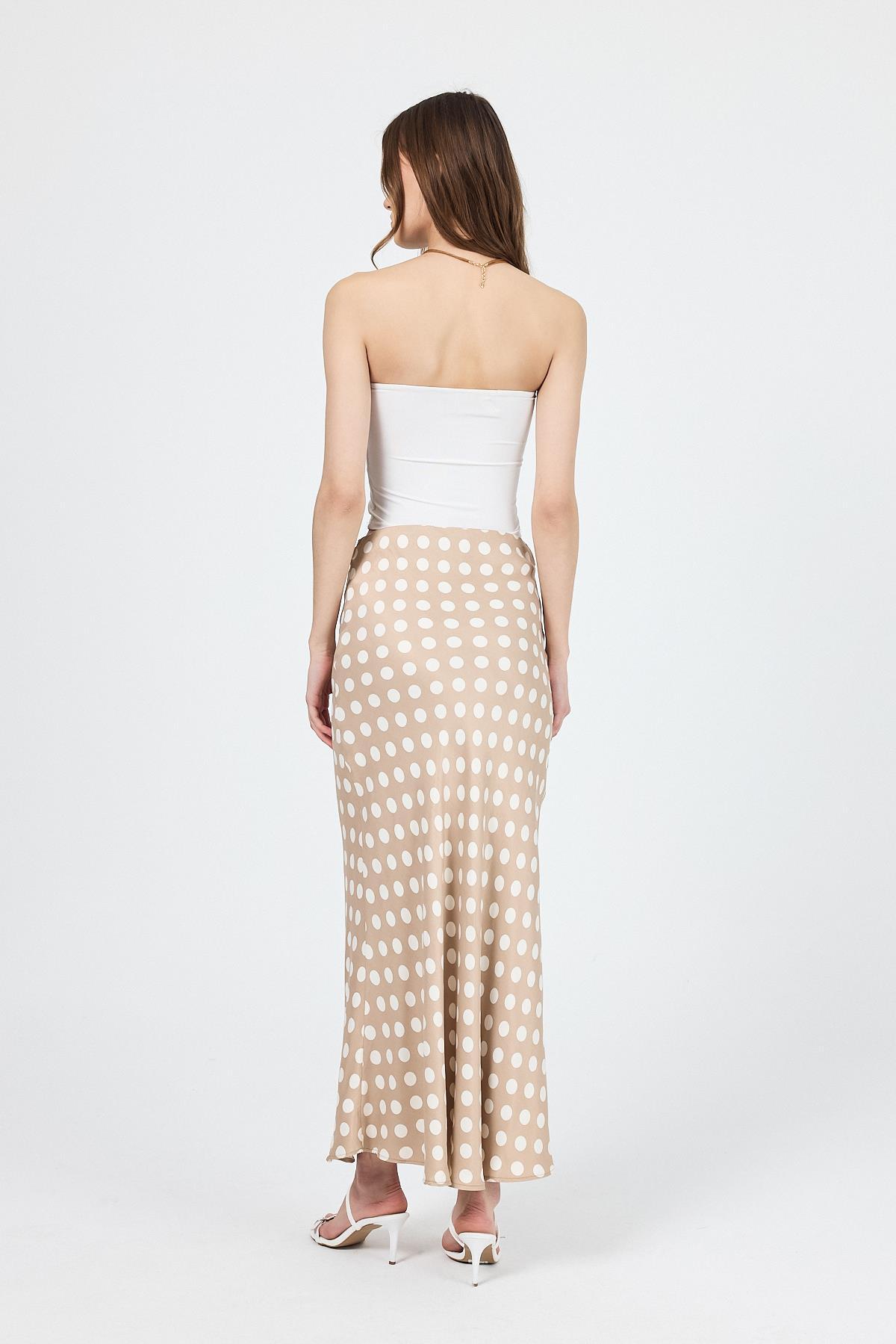 Bej Puantiye Desen Saten Midi Etek 9416 - 5