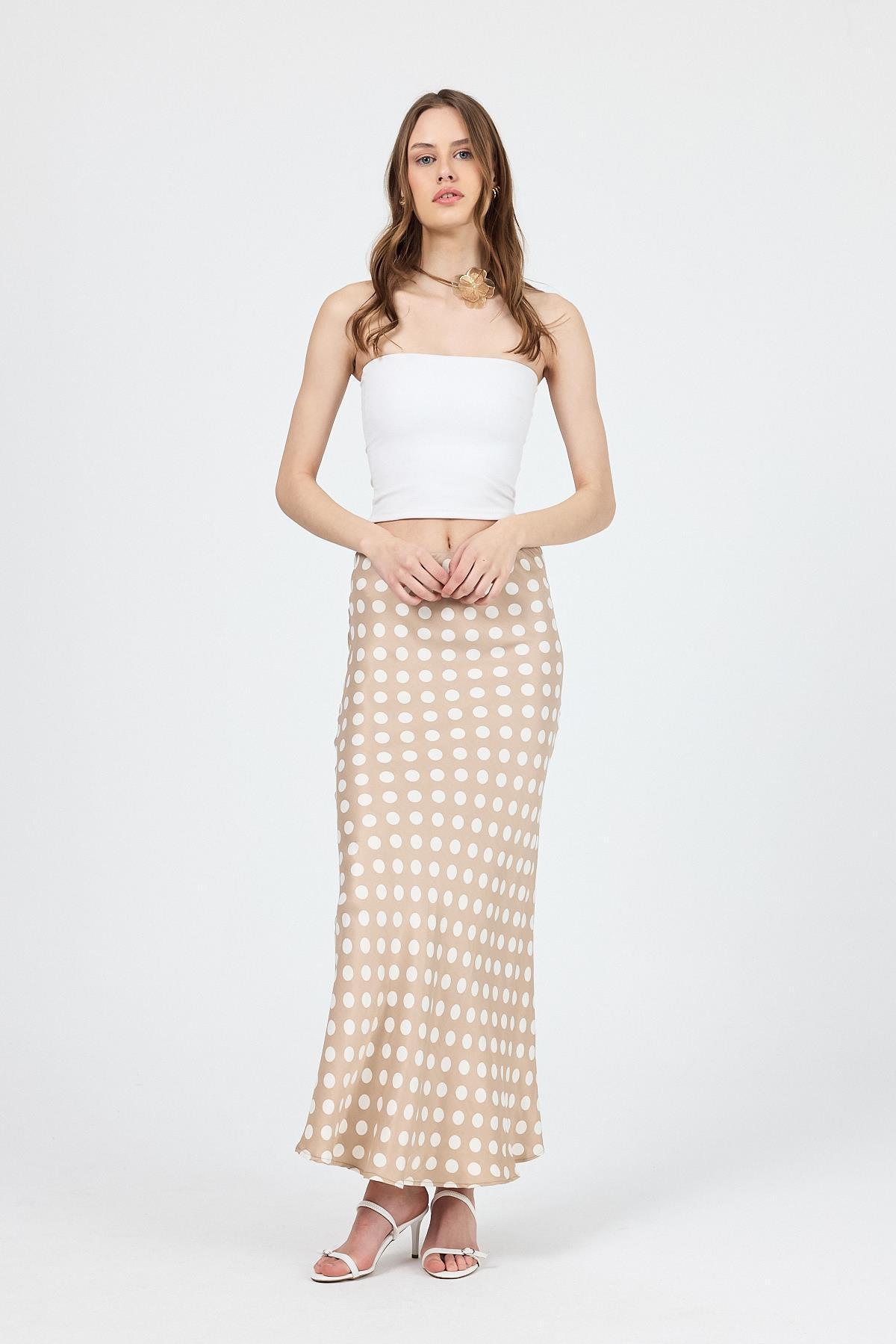Bej Puantiye Desen Saten Midi Etek 9416 - 6