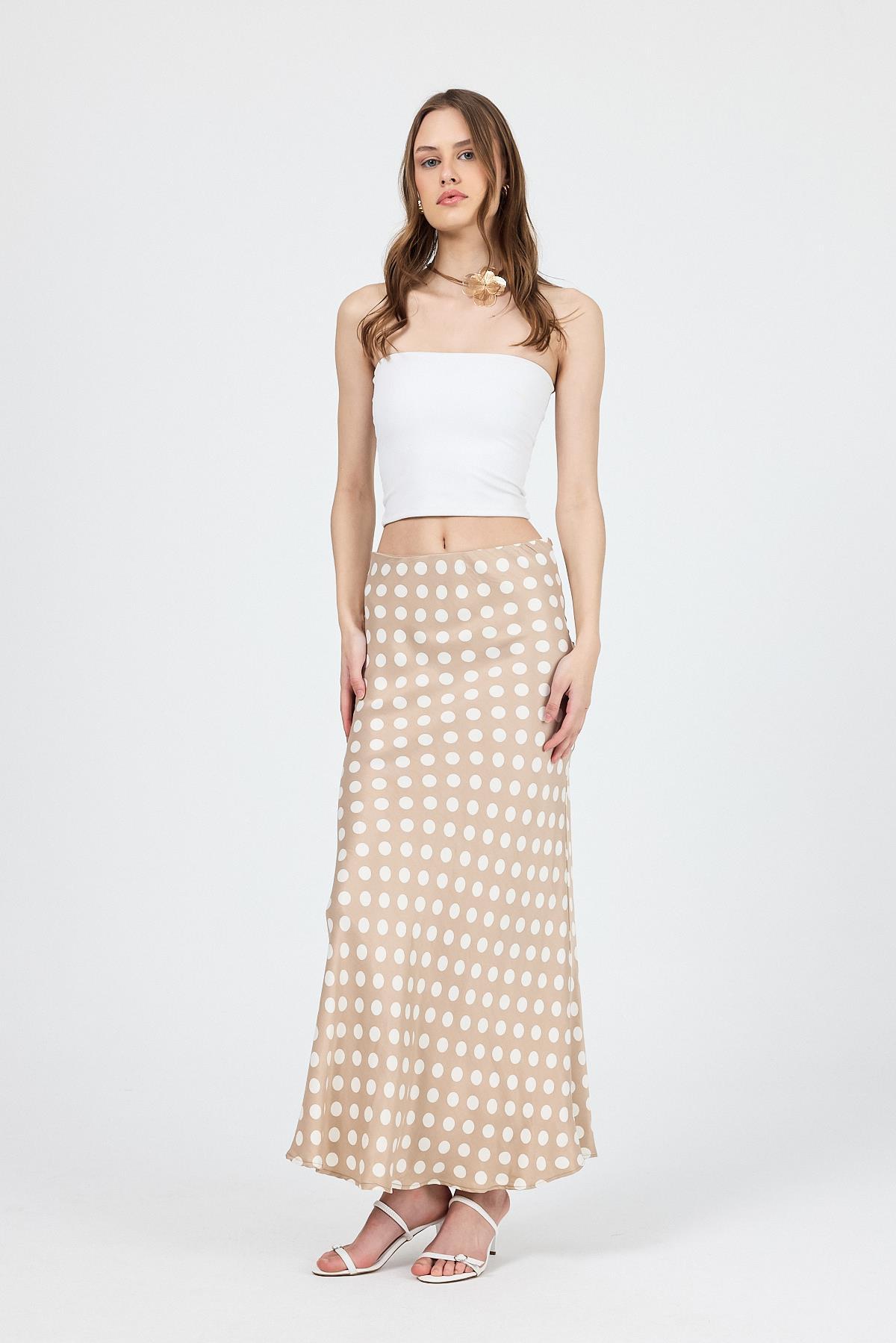 Bej Puantiye Desen Saten Midi Etek 9416 - RAYS