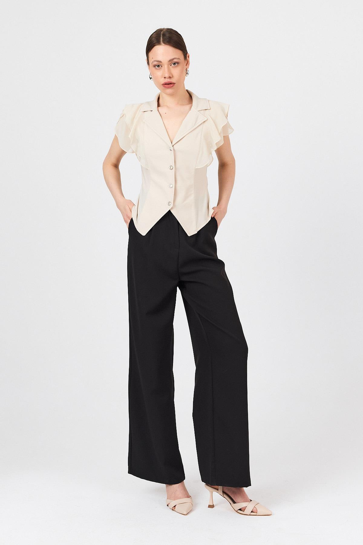 Bej Şifon Kol Detaylı Fırfırlı Düğmeli Bluz 9477 - 3