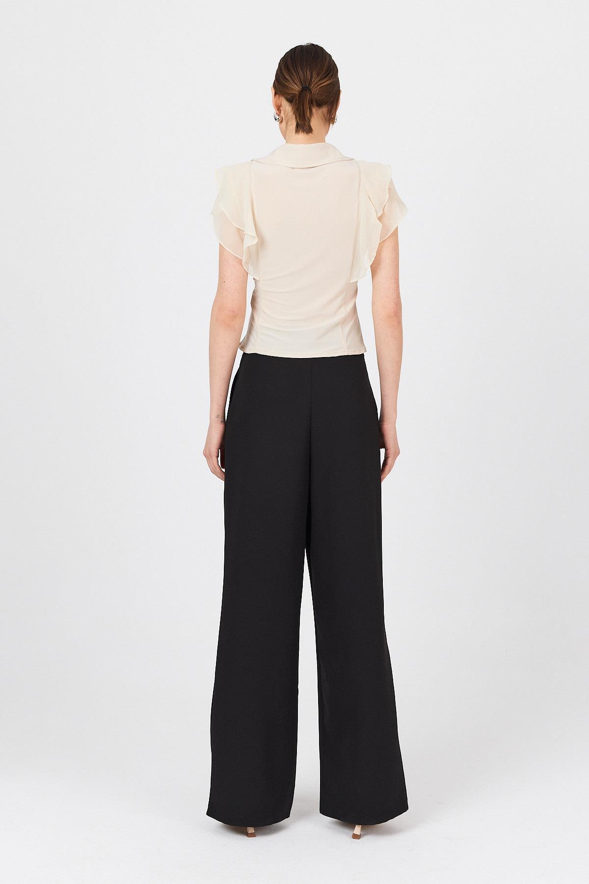 Bej Şifon Kol Detaylı Fırfırlı Düğmeli Bluz 9477 - 5