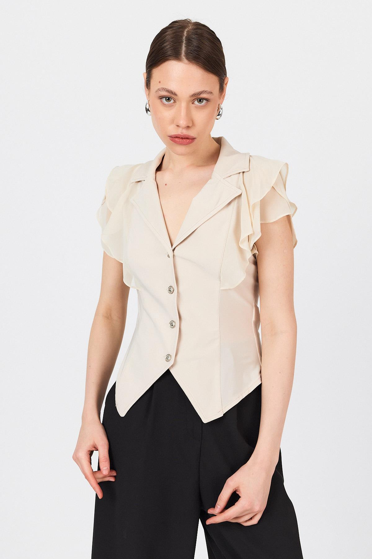 Bej Şifon Kol Detaylı Fırfırlı Düğmeli Bluz 9477 - 1