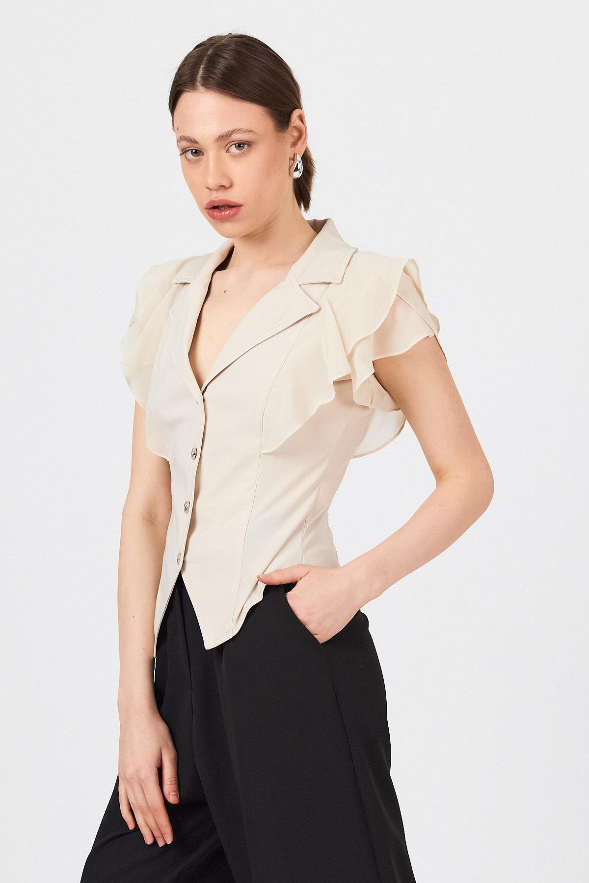 Bej Şifon Kol Detaylı Fırfırlı Düğmeli Bluz 9477 - 2