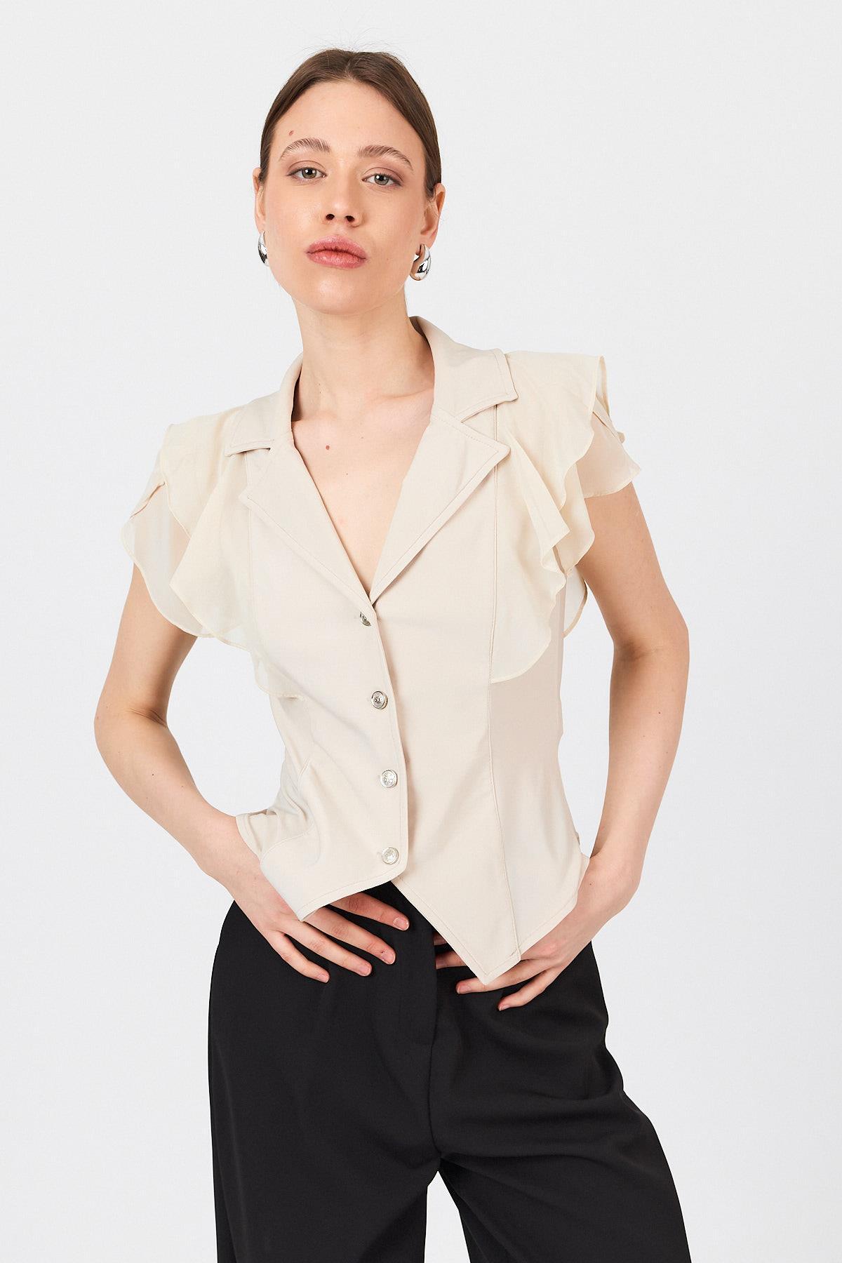 Bej Şifon Kol Detaylı Fırfırlı Düğmeli Bluz 9477 - 4