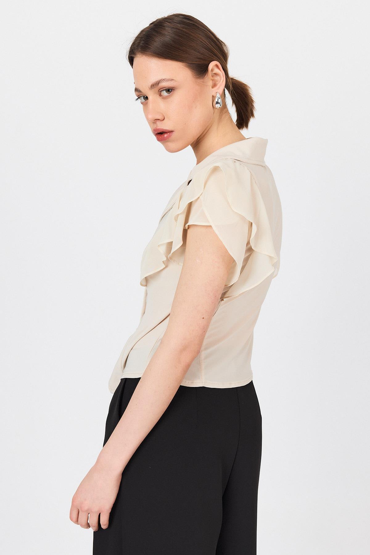 Bej Şifon Kol Detaylı Fırfırlı Düğmeli Bluz 9477 - 6