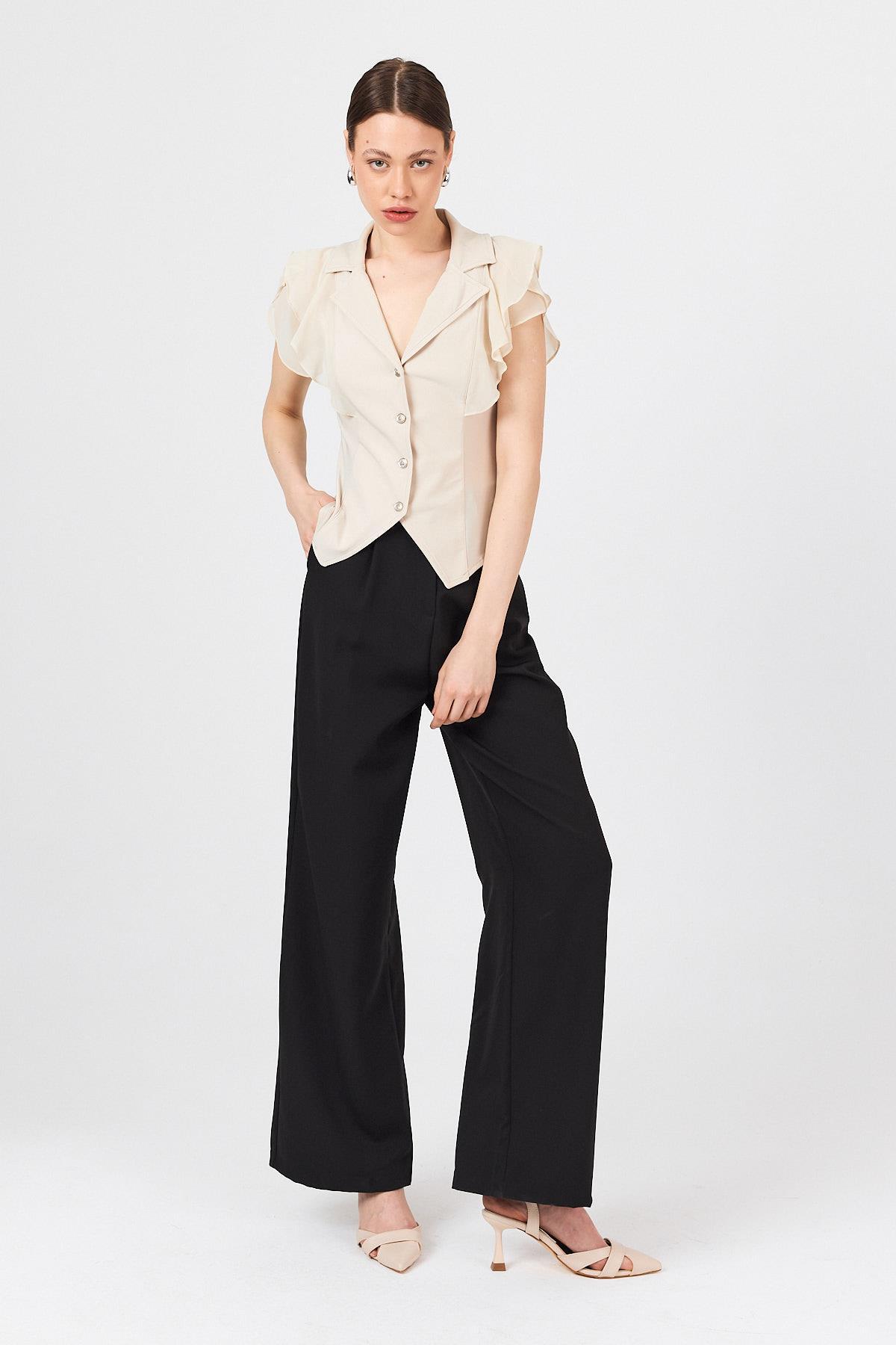 Bej Şifon Kol Detaylı Fırfırlı Düğmeli Bluz 9477 - 7