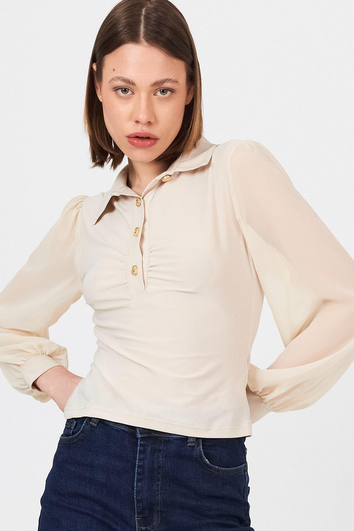 Bej Şifon Kollu Gömlek Yaka Bluz 9478 - RAYS