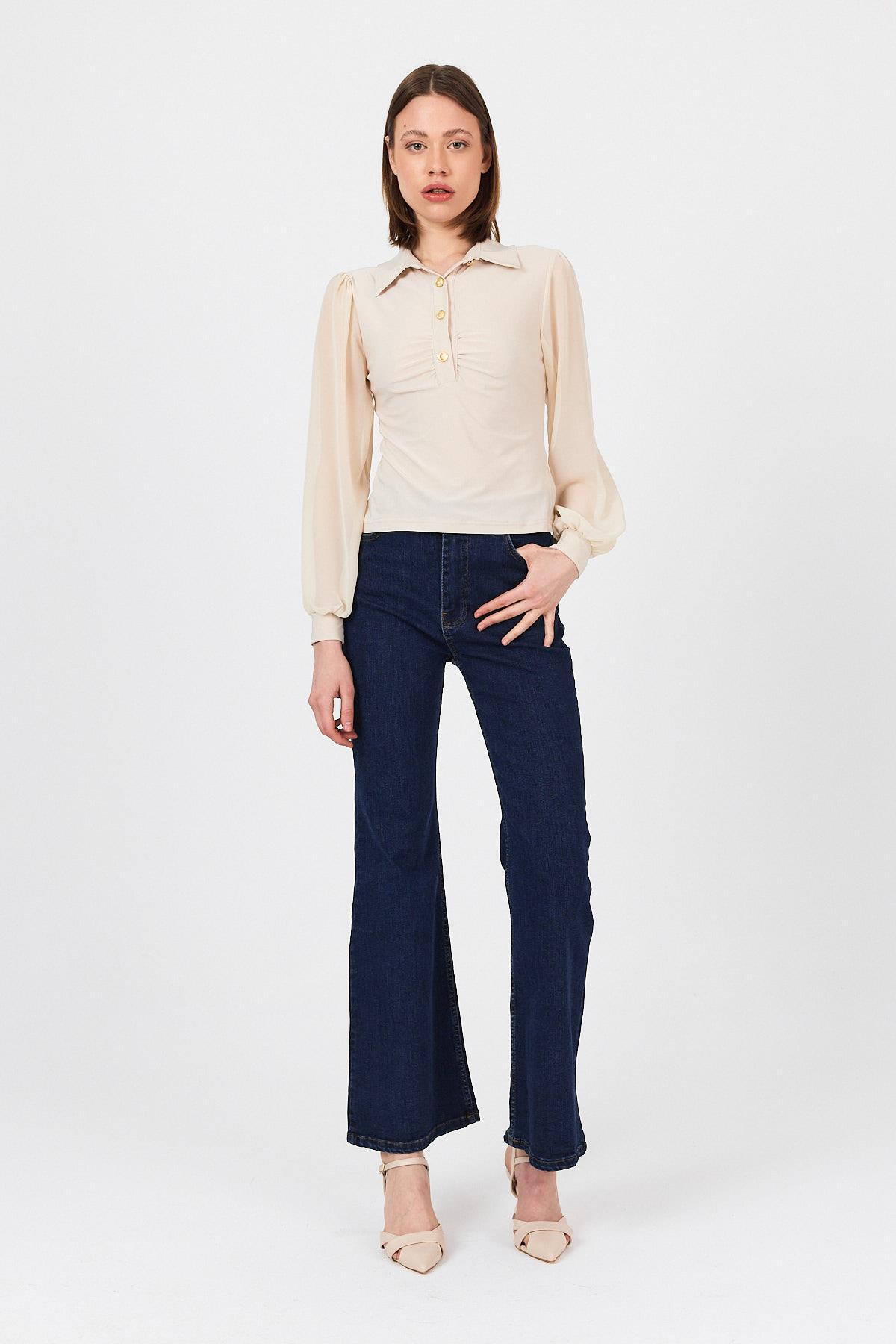 Bej Şifon Kollu Gömlek Yaka Bluz 9478 - RAYS