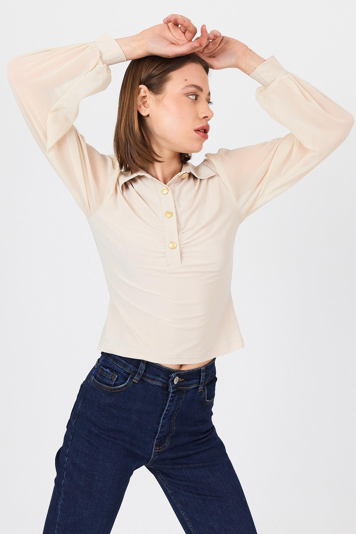 Bej Şifon Kollu Gömlek Yaka Bluz 9478 - 2