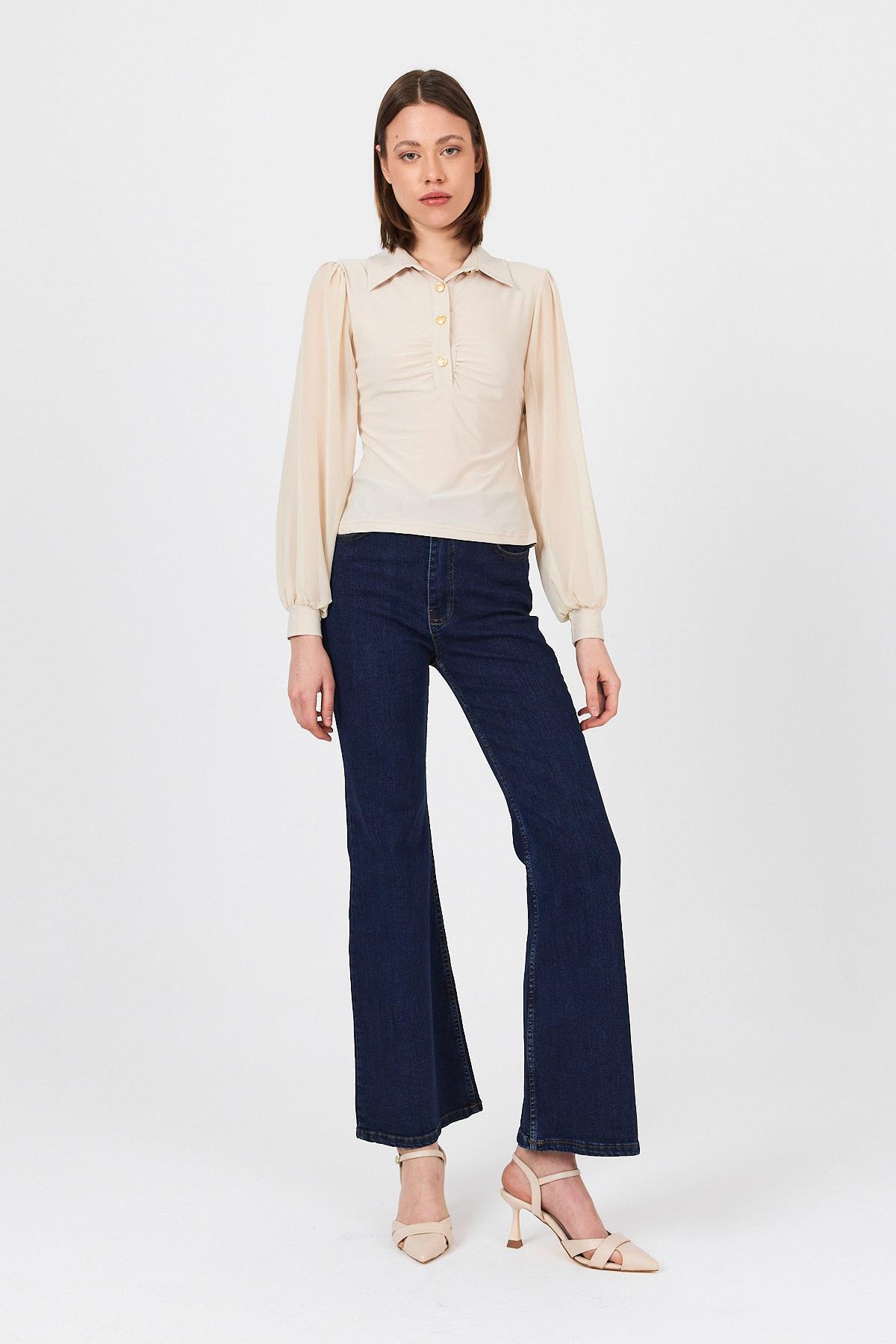 Bej Şifon Kollu Gömlek Yaka Bluz 9478 - 6