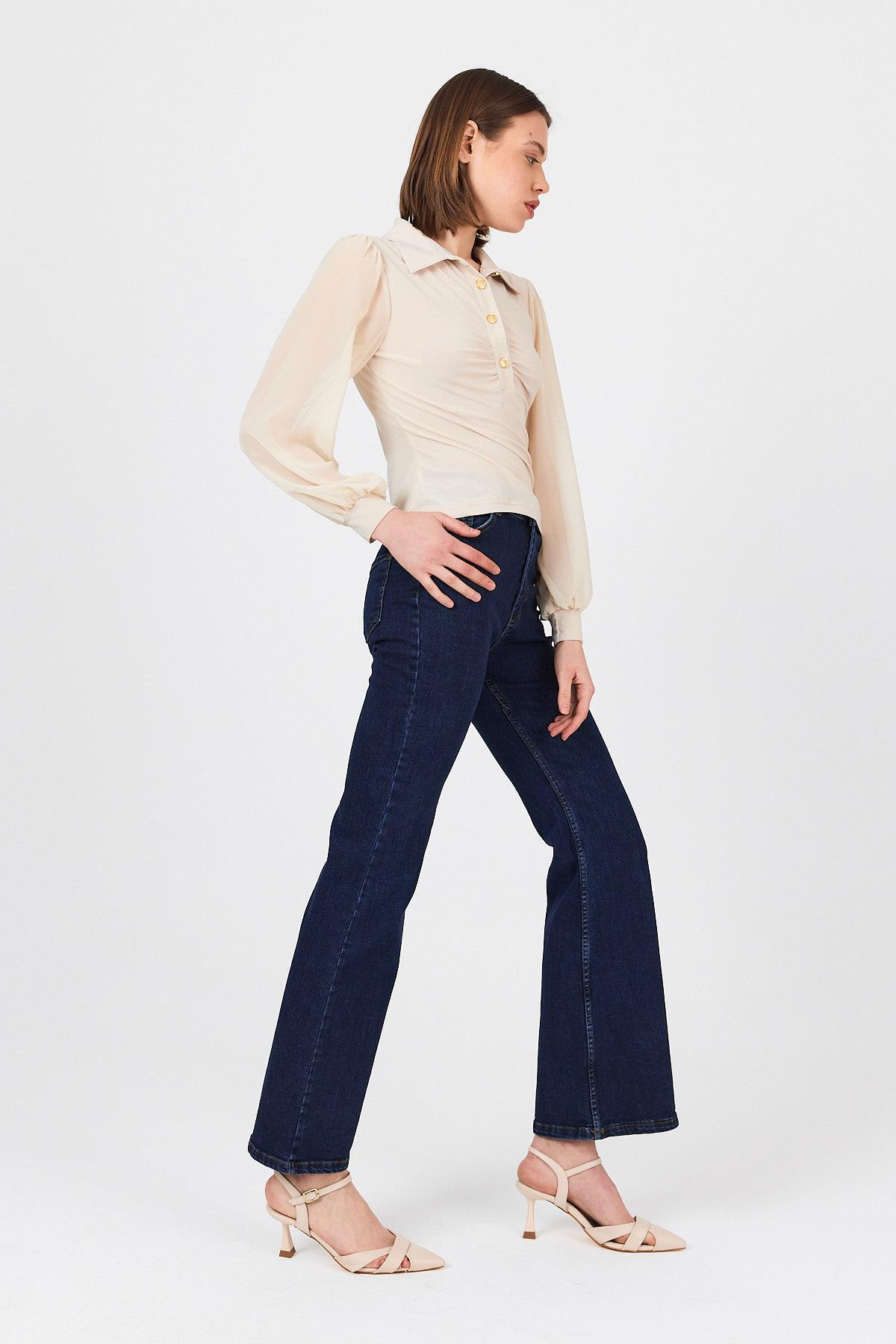 Bej Şifon Kollu Gömlek Yaka Bluz 9478 - 7