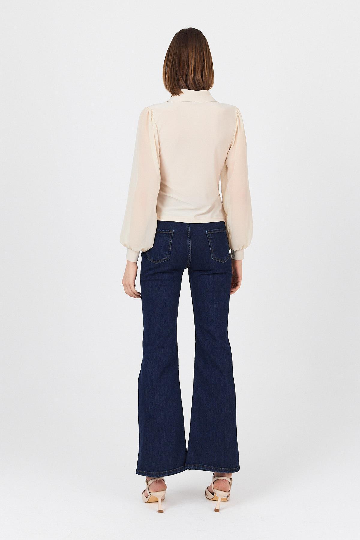 Bej Şifon Kollu Gömlek Yaka Bluz 9478 - 5