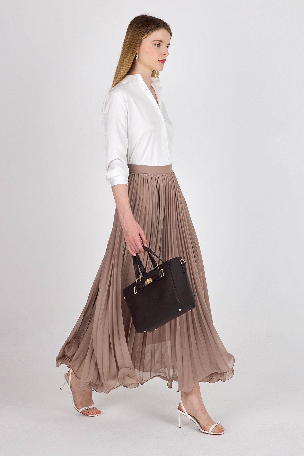 Bej Şifon Piliseli Yüksek Bel Maxi Etek 1003 - 2