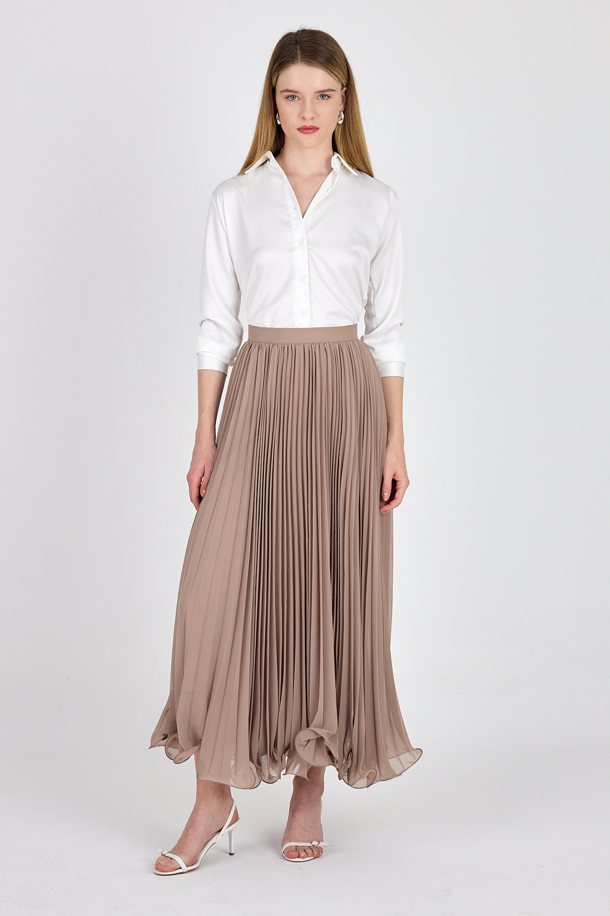 Bej Şifon Piliseli Yüksek Bel Maxi Etek 1003 - 1