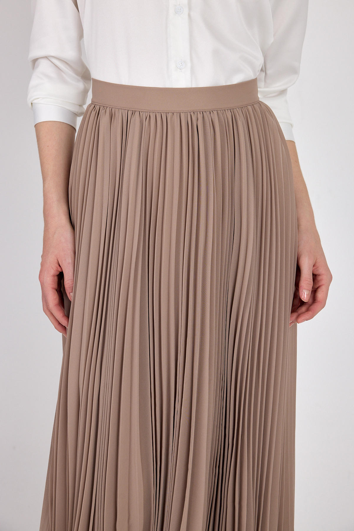 Bej Şifon Piliseli Yüksek Bel Maxi Etek 1003 - 4