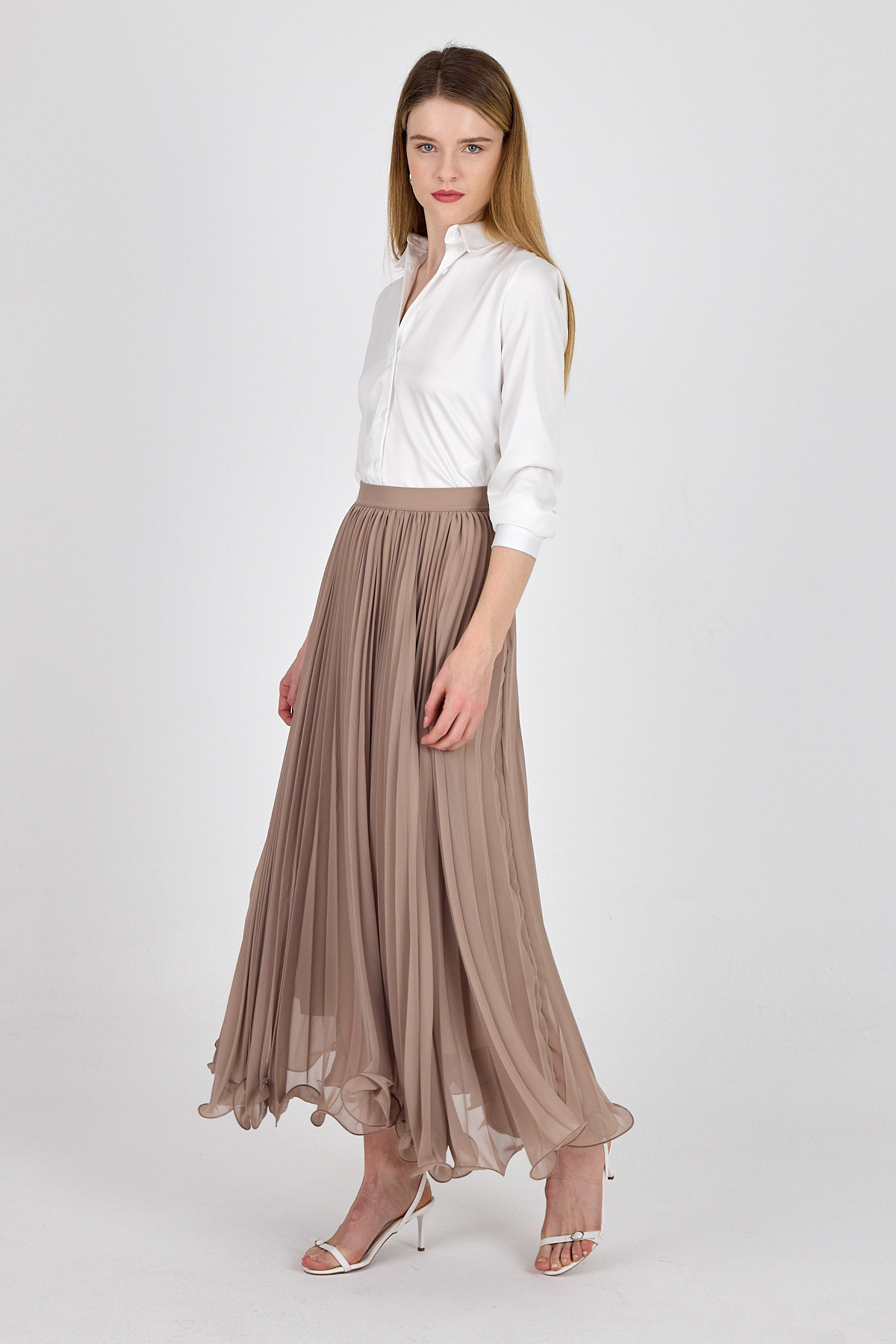 Bej Şifon Piliseli Yüksek Bel Maxi Etek 1003 - 6