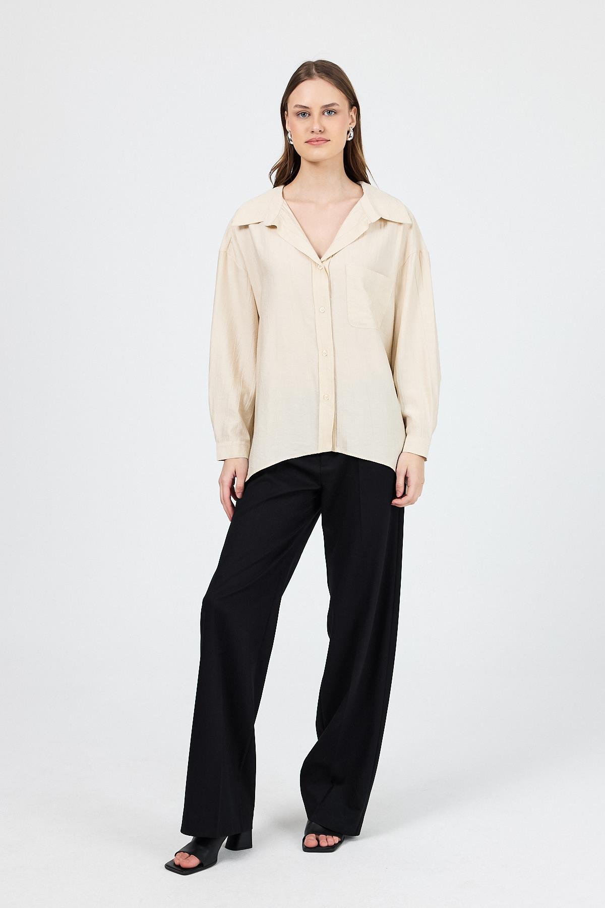 Bej Tek Cep Detaylı Dokuma Gömlek 4641A - RAYS