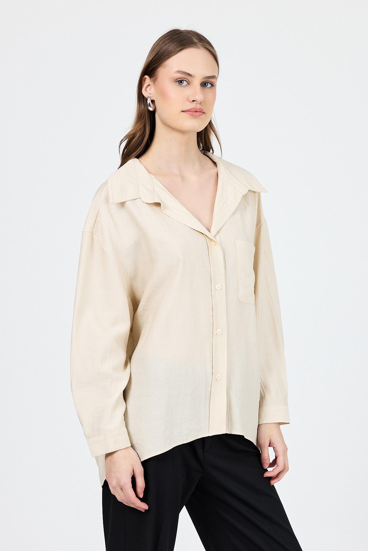 Bej Tek Cep Detaylı Dokuma Gömlek 4641A - RAYS