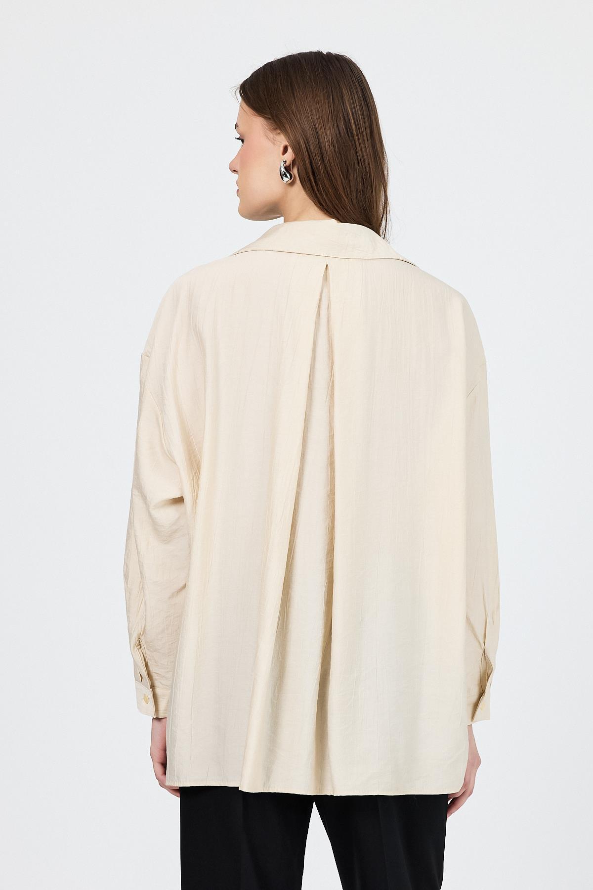 Bej Tek Cep Detaylı Dokuma Gömlek 4641A - 5