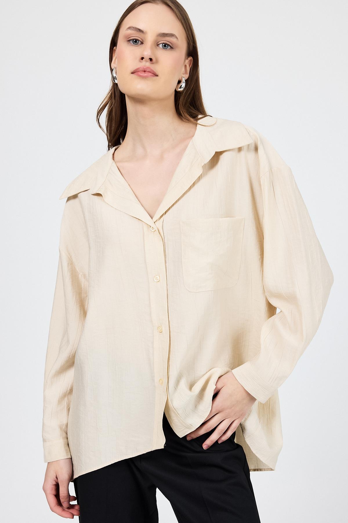 Bej Tek Cep Detaylı Dokuma Gömlek 4641A 