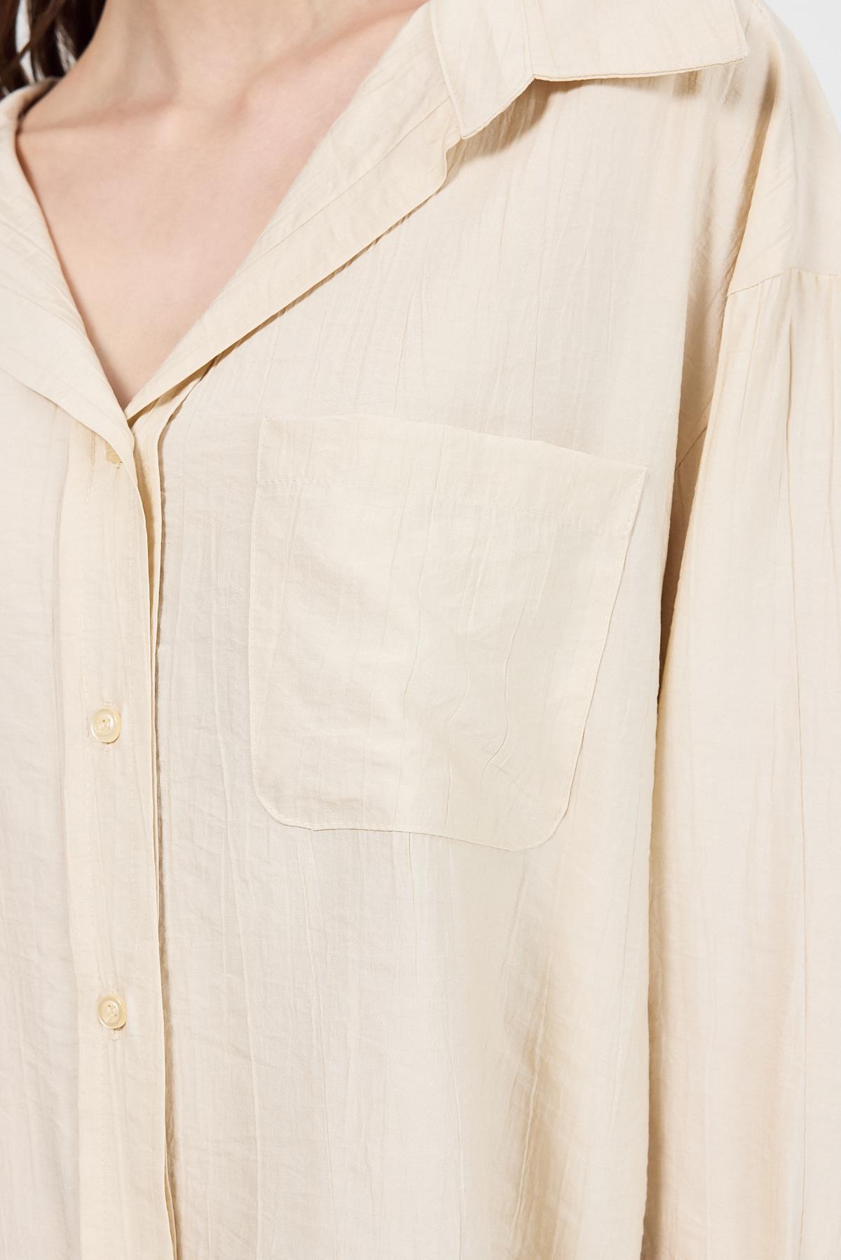 Bej Tek Cep Detaylı Dokuma Gömlek 4641A - 4