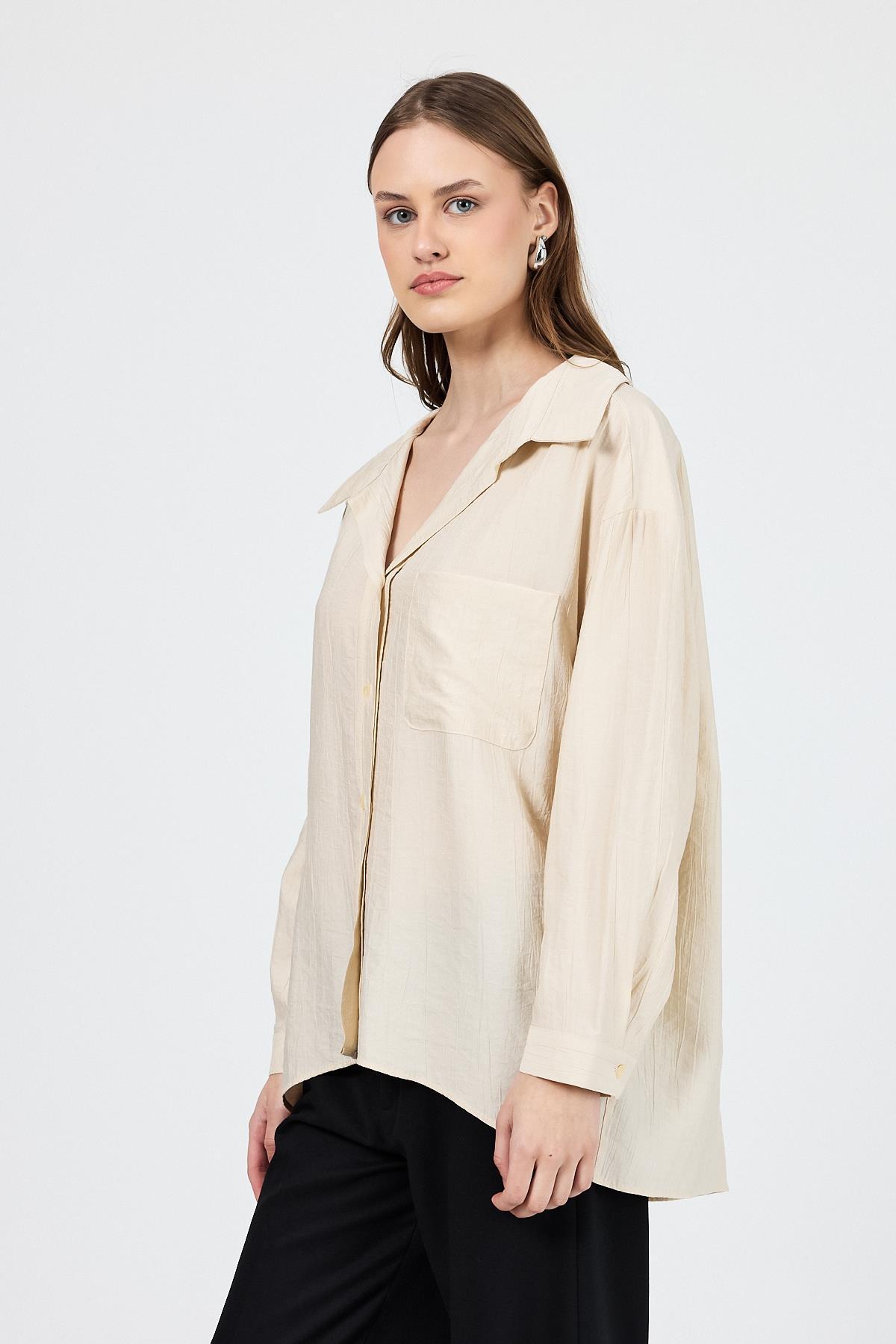 Bej Tek Cep Detaylı Dokuma Gömlek 4641A - 7