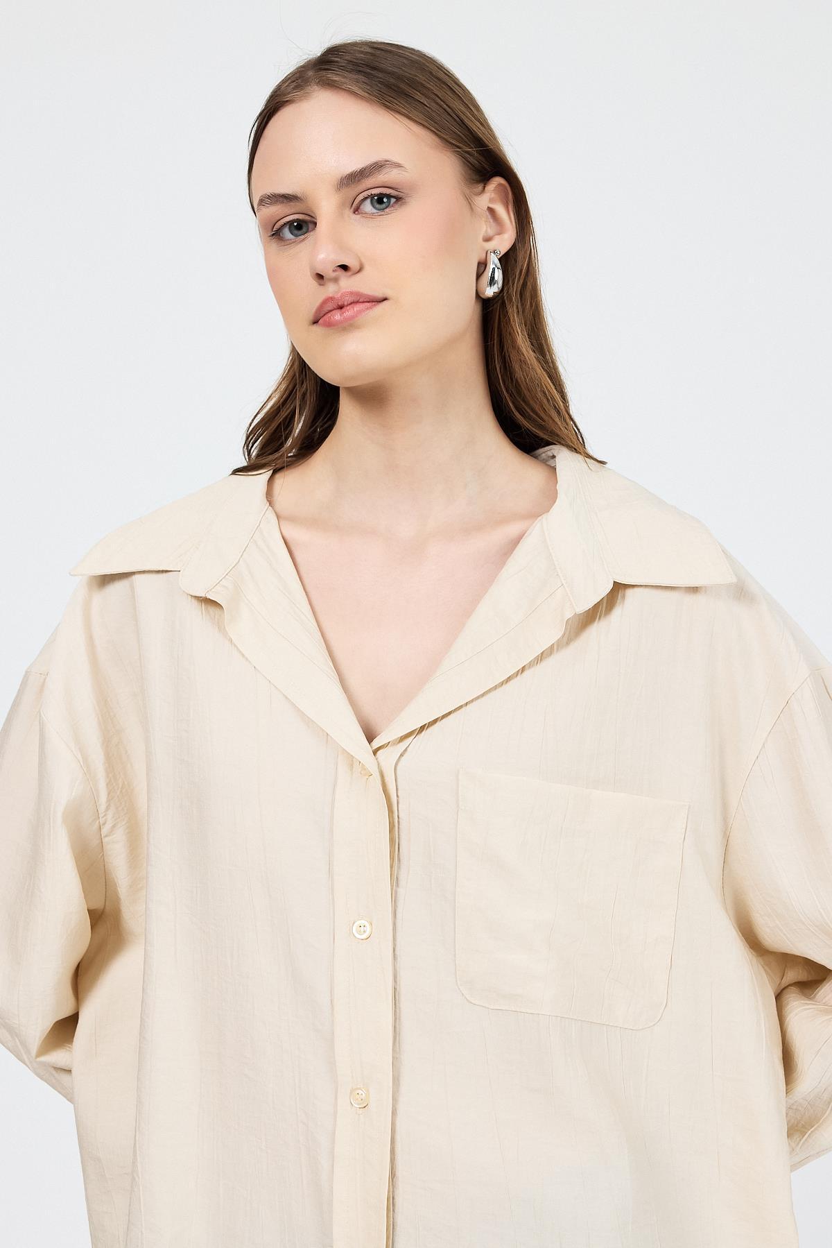 Bej Tek Cep Detaylı Dokuma Gömlek 4641A - 6