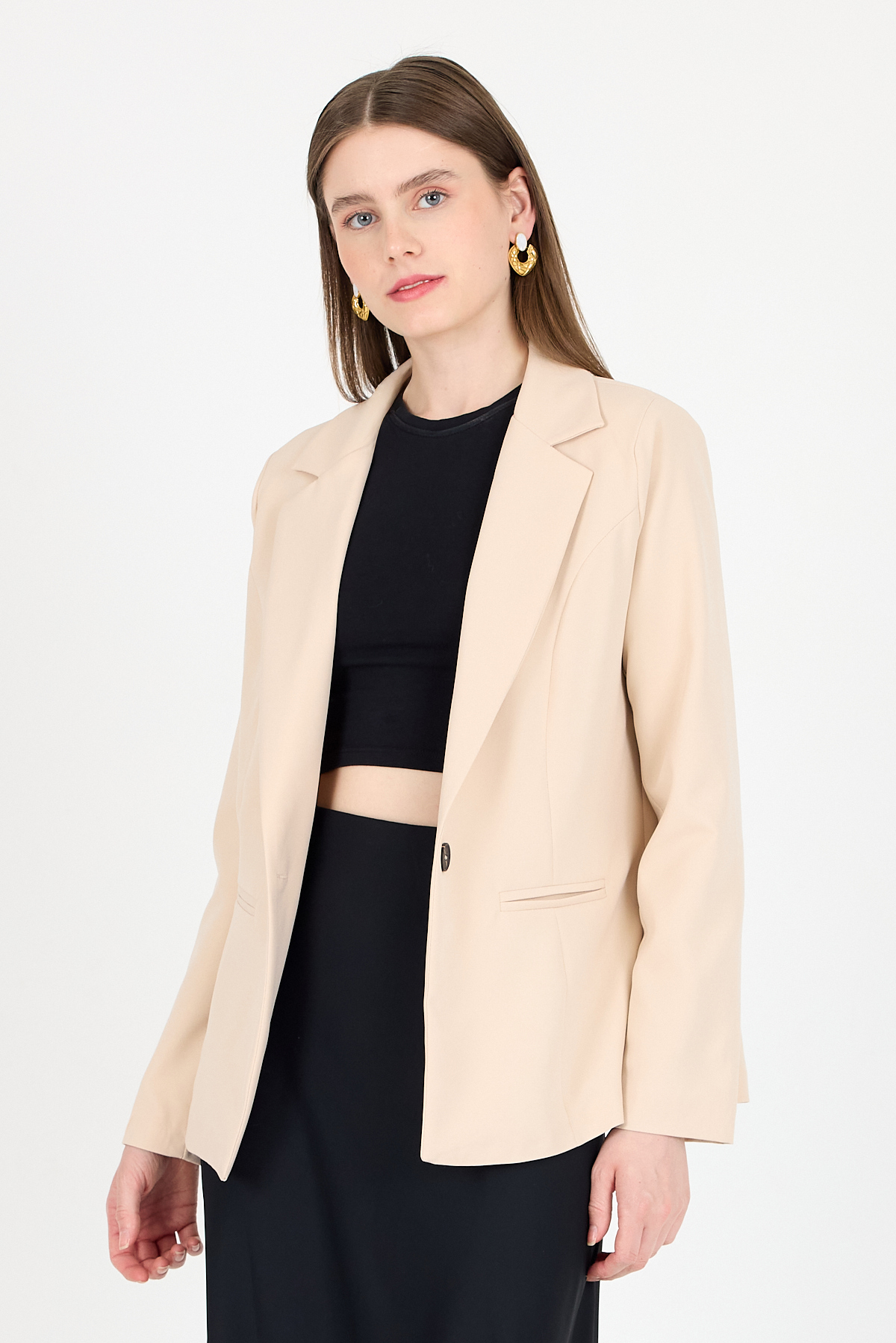 Bej Tek Düğmeli Klasik Kebem Blazer Ceket 4612A - 1