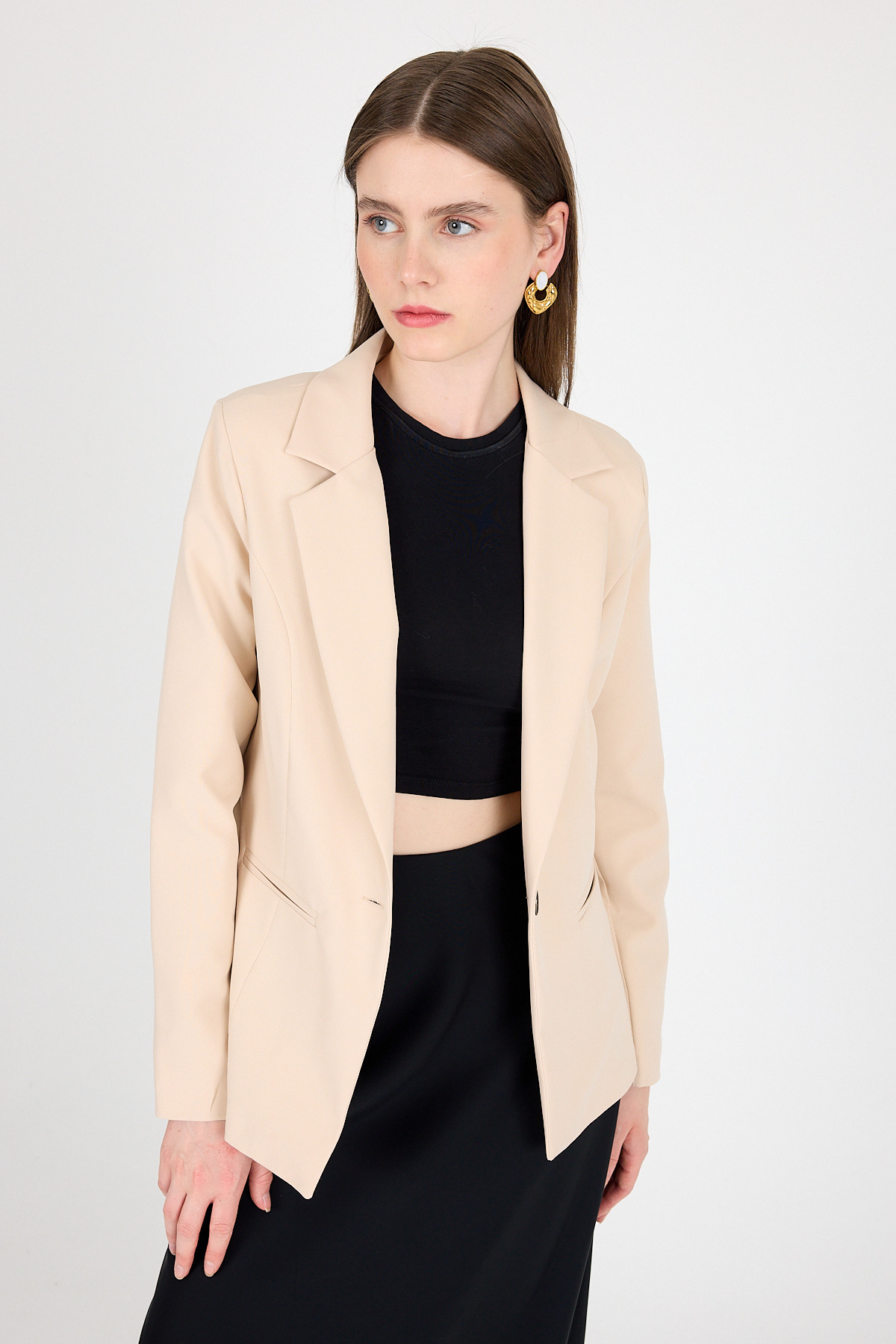 Bej Tek Düğmeli Klasik Kebem Blazer Ceket 4612A - 7