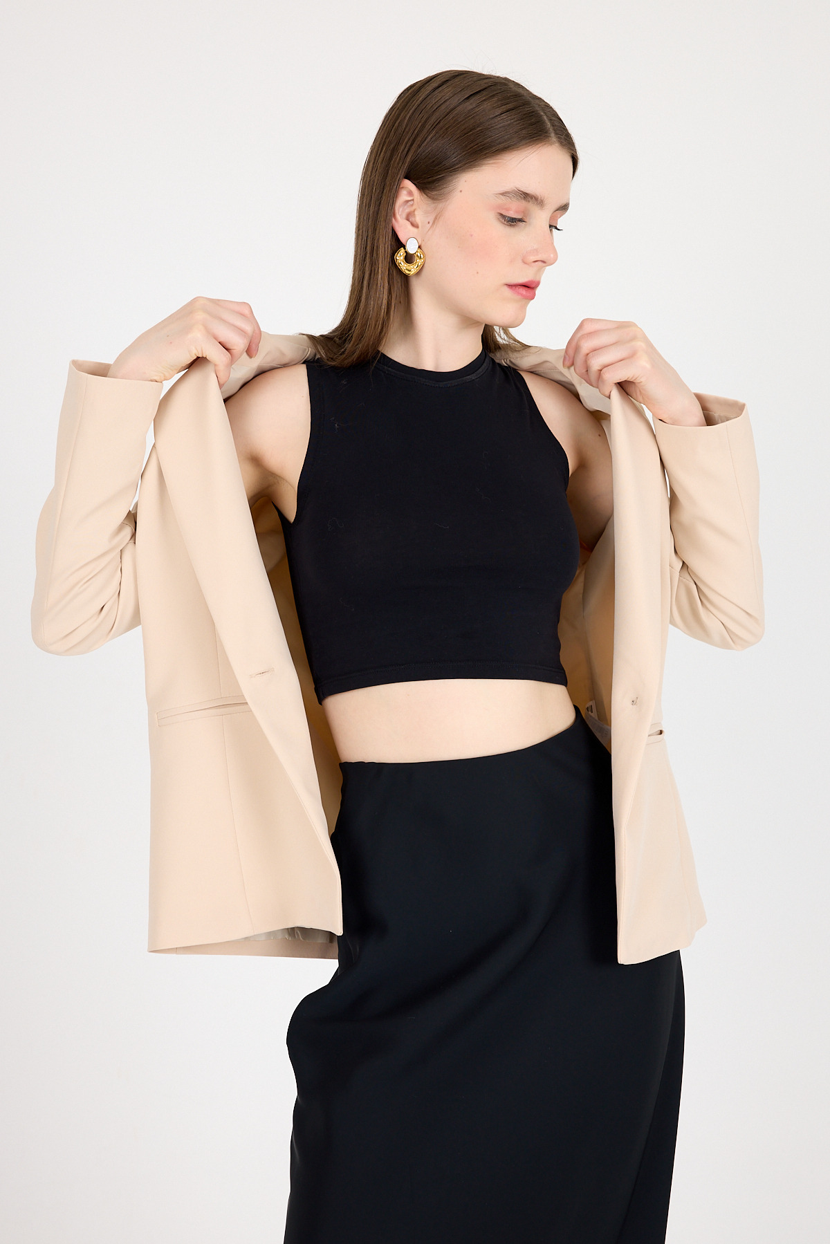 Bej Tek Düğmeli Klasik Kebem Blazer Ceket 4612A - 6