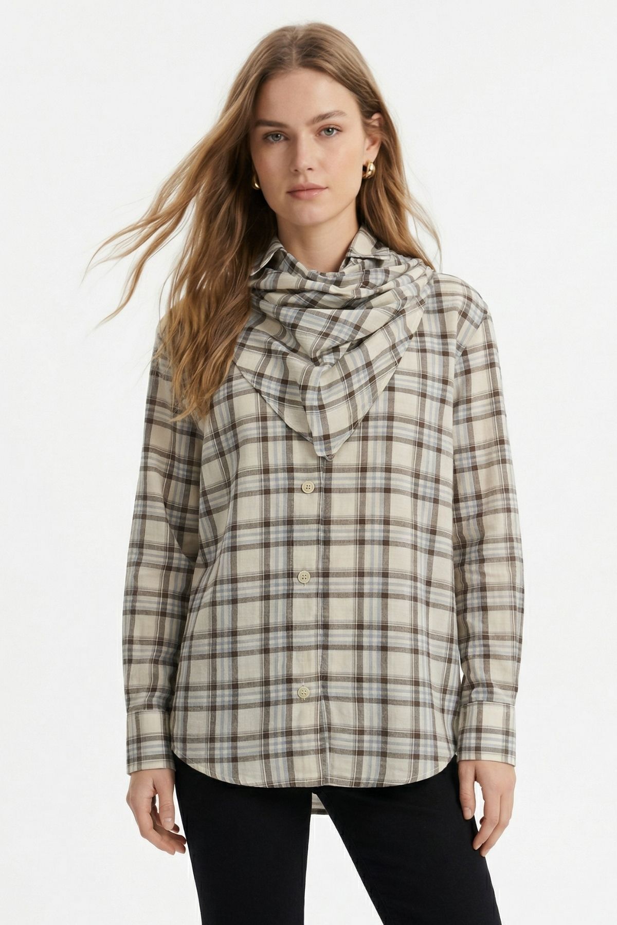 Bej Üçgen Fularlı Oversize Ekose Gömlek 5484 - 2