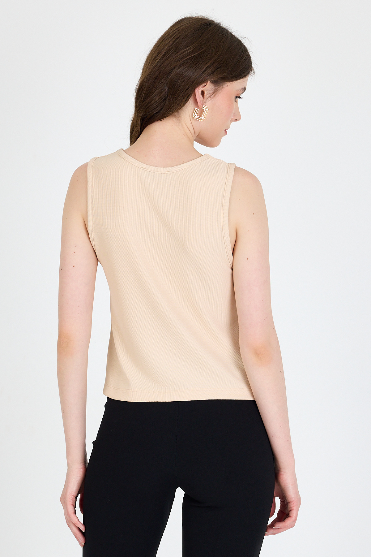 Bej V Yaka Düğmeli Kolsuz Bluz 019 - 5