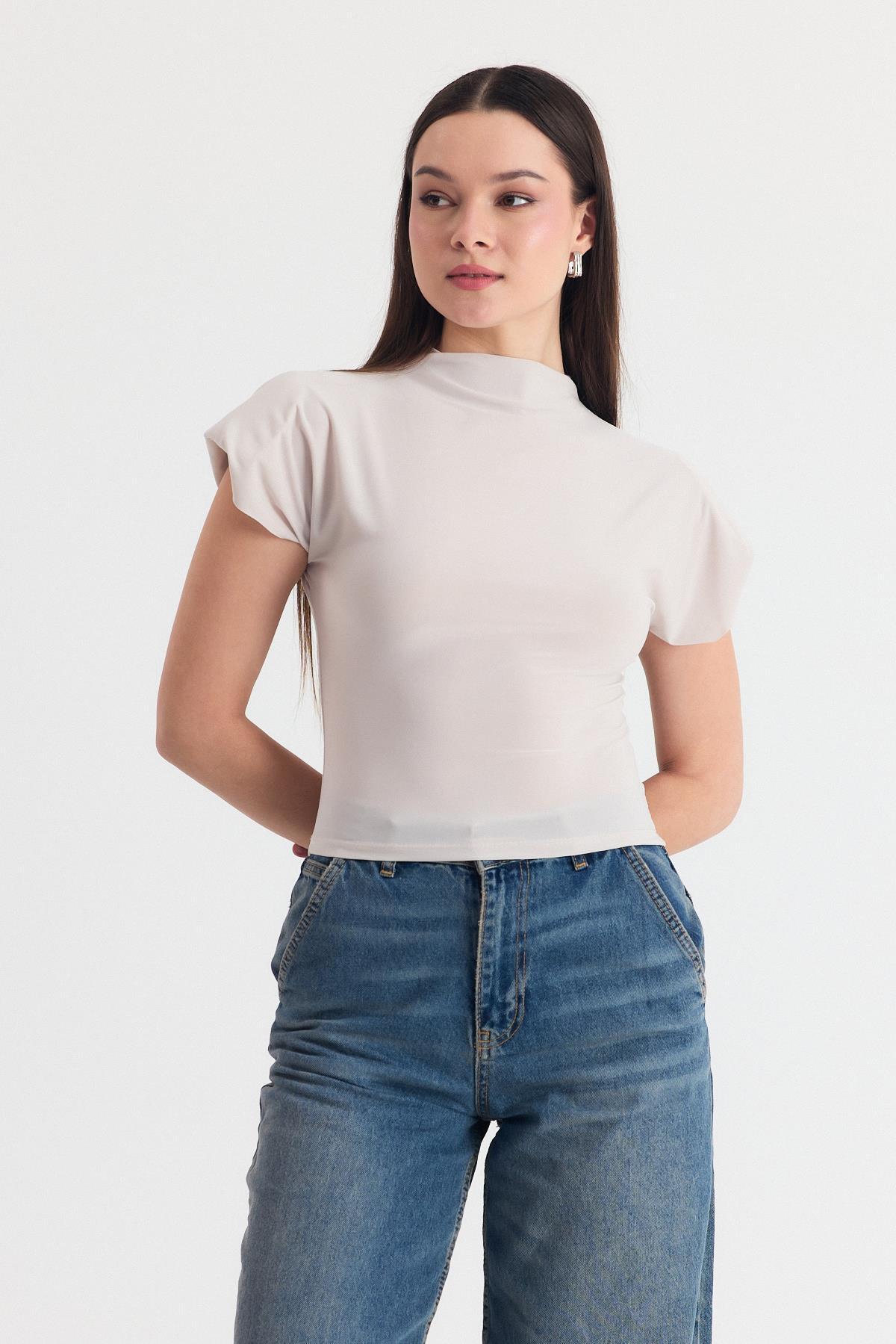 Bej Vatkalı Dik Yaka Drapeli Bluz 13185 - 3