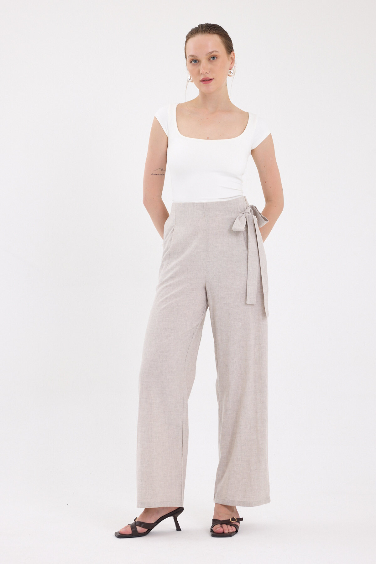 Bej Yan Bağlama Detaylı Palazzo Kadın Pantolon 4779A 