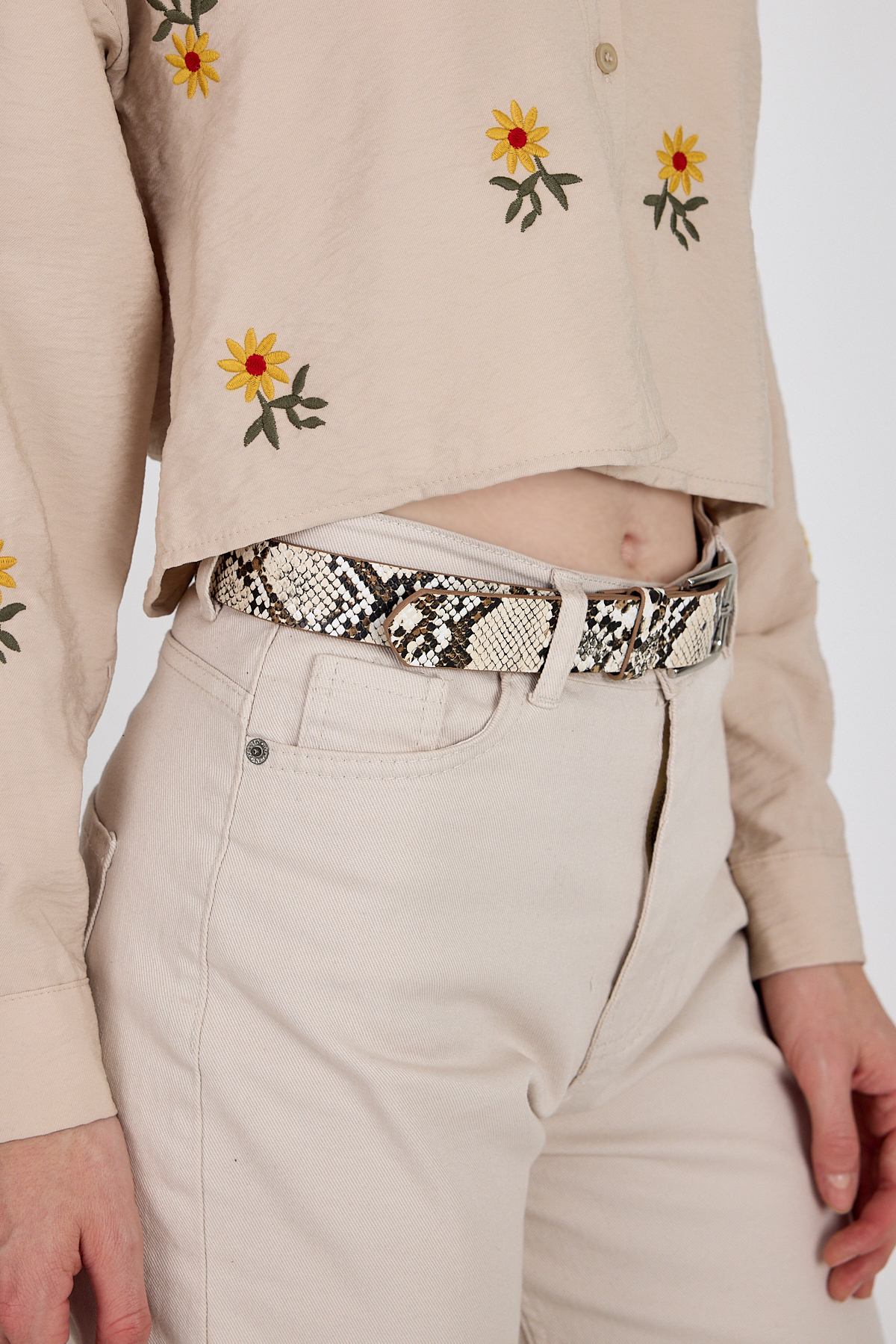 Bej Yılan Derisi Desenli Gümüş Tokalı Kemer 422 - RAYS