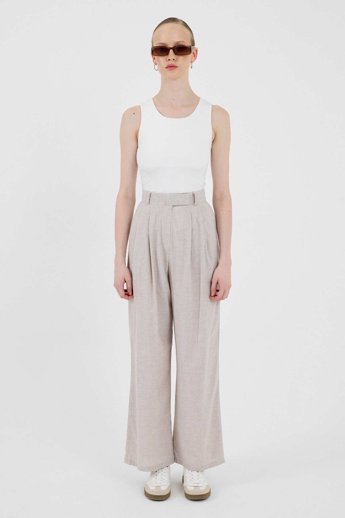 Bej Yüksek Bel Cırt Kapama Detaylı Pamuklu Palazzo Pantolon 8062A - RAYS