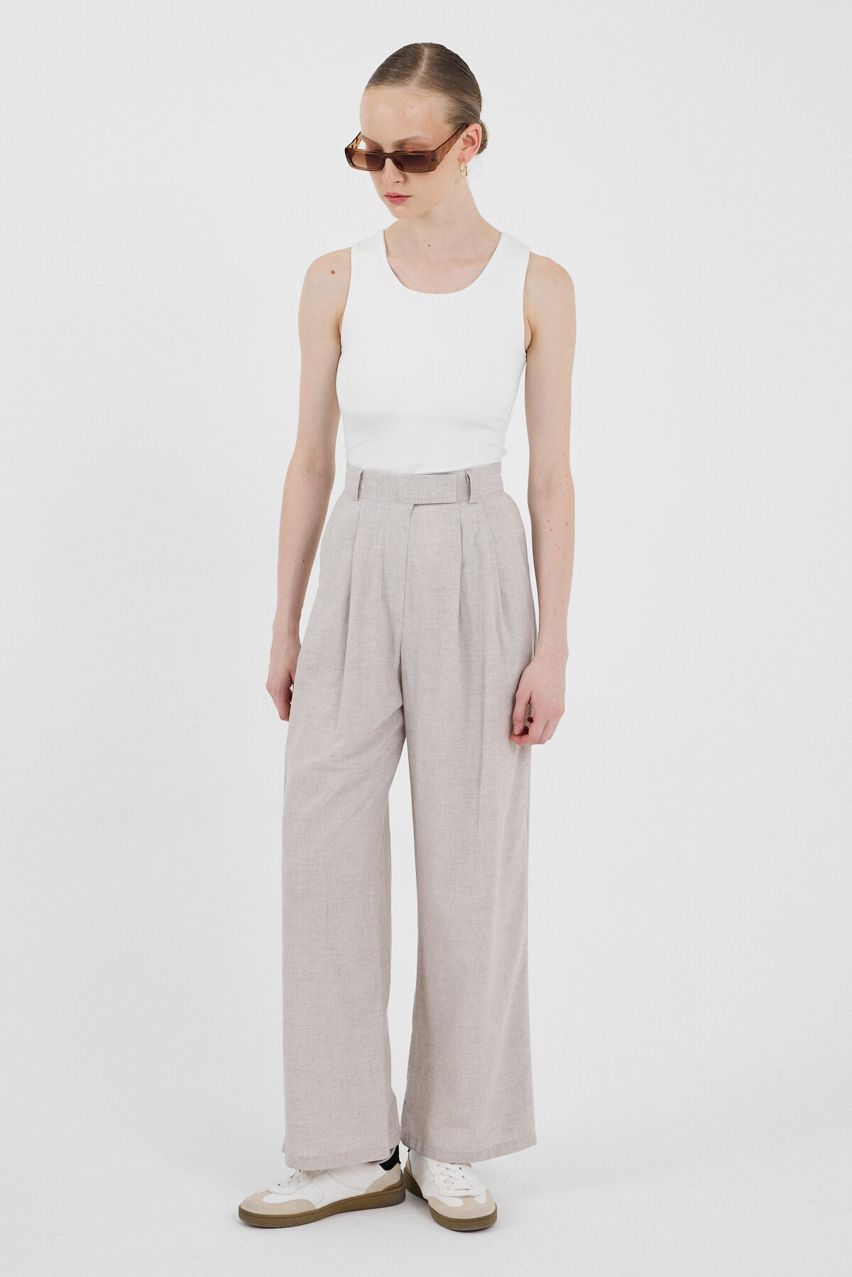 Bej Yüksek Bel Cırt Kapama Detaylı Pamuklu Palazzo Pantolon 8062A - RAYS