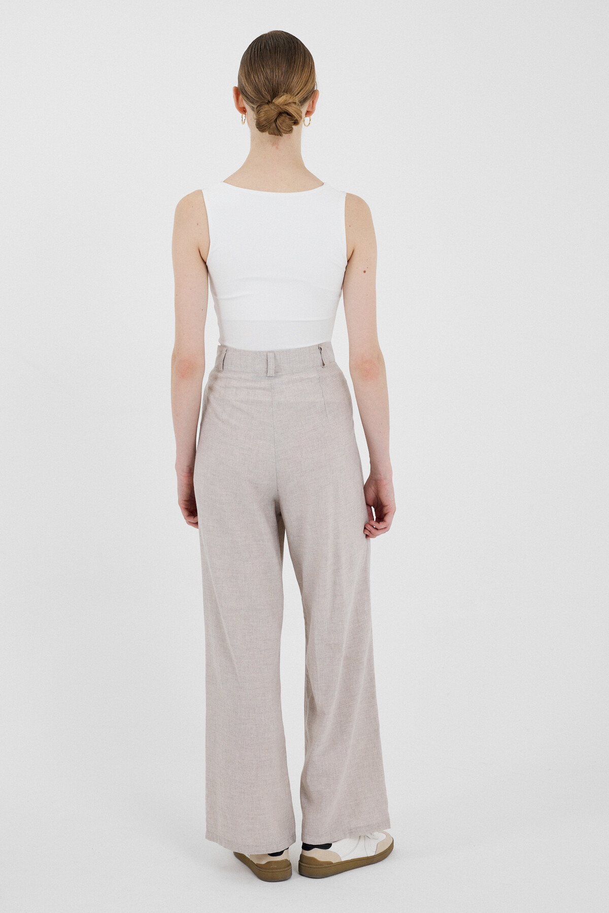 Bej Yüksek Bel Cırt Kapama Detaylı Pamuklu Palazzo Pantolon 8062A - 5