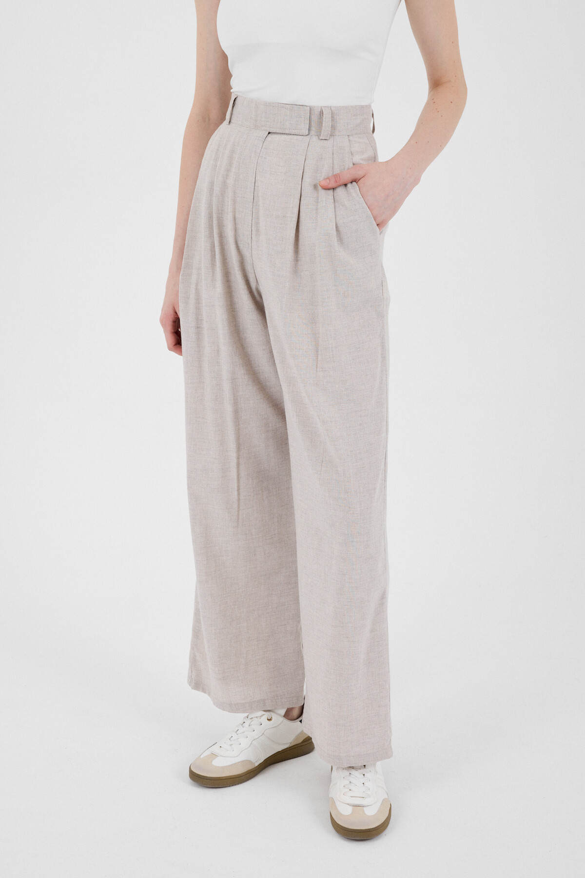 Bej Yüksek Bel Cırt Kapama Detaylı Pamuklu Palazzo Pantolon 8062A - 3