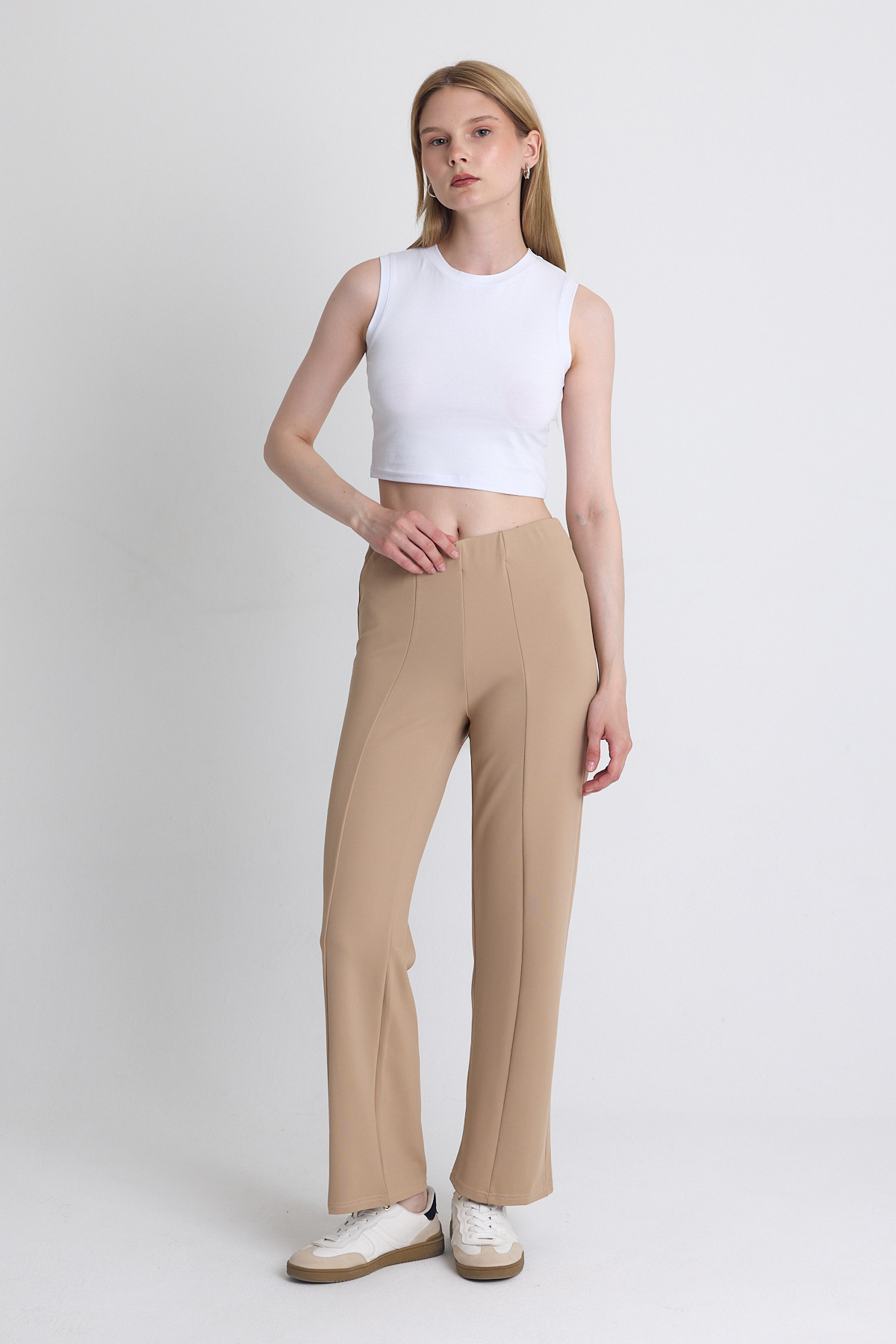 Bej Yüksek Bel Dikiş Detaylı Tayt Pantolon 1002 - RAYS